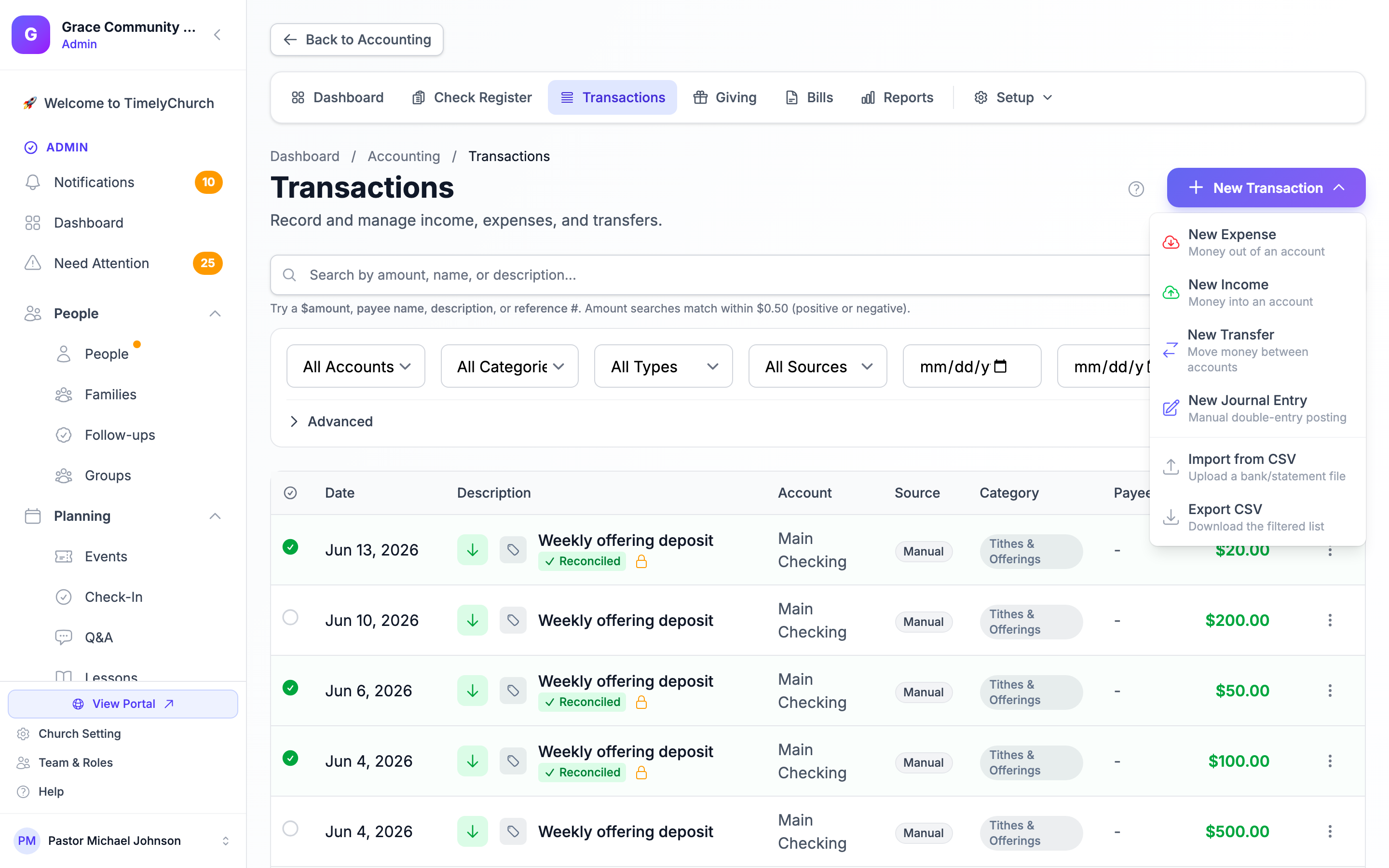 The New Transaction split-action menu open on the Transactions page, showing New Expense, New Income, New Transfer, New Journal Entry, Import from CSV, and Export CSV. Clicking the New Transaction button toggles the Alpine dropdown open.