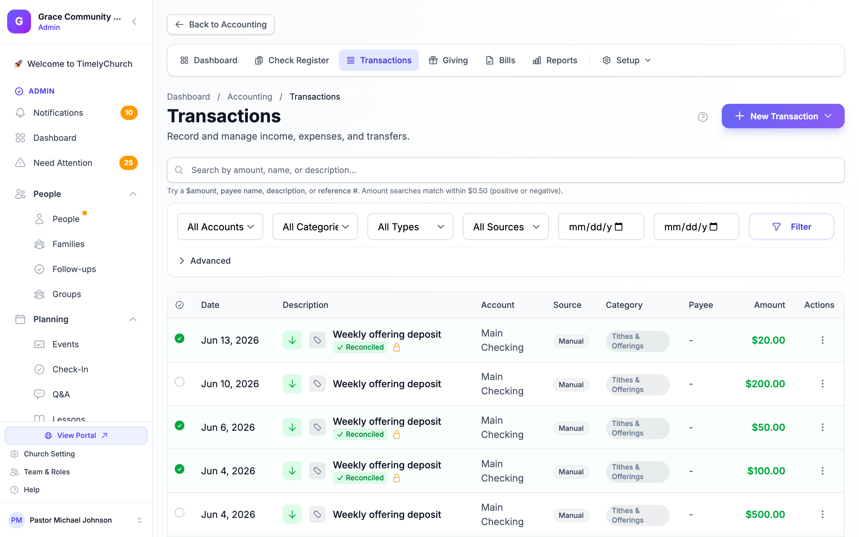 The Transactions page with the accounting tab bar across the top (Transactions tab active) and the New Transaction split-action button in the page header. Plain page shot; the demo church has 28 seeded transactions so the list is populated.