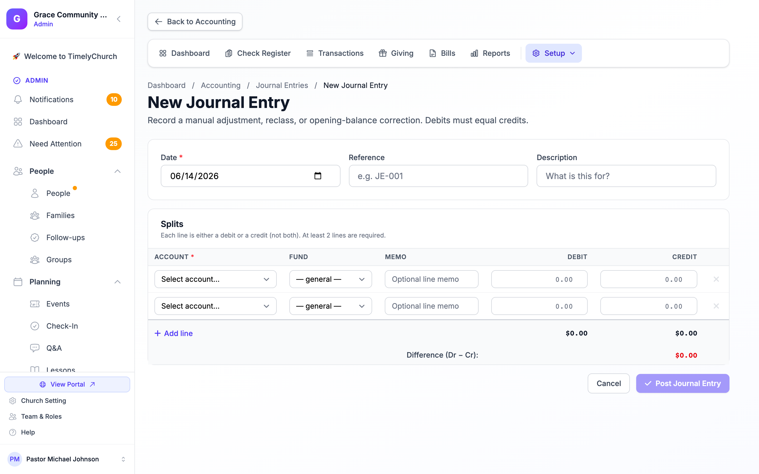 The New Journal Entry form (journal-entries/create) showing the Date / Reference / Description header, the Splits table with Account / Fund / Memo / Debit / Credit columns, the Add line link, the running Difference (Dr − Cr) row, and the disabled Post Journal Entry button. Plain page shot — the full form renders on load.