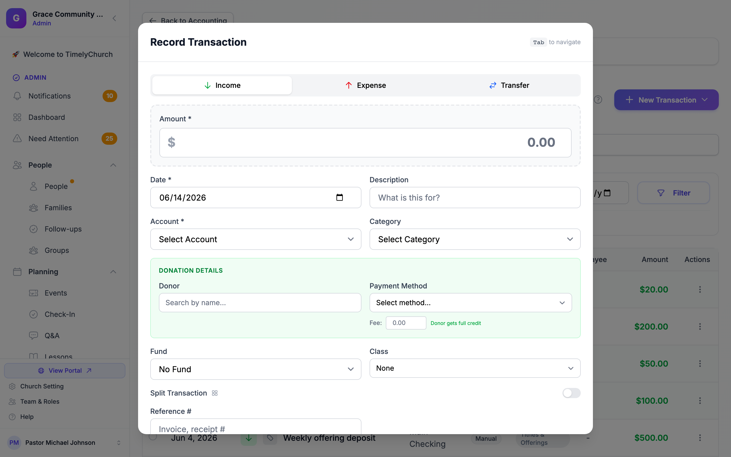The Record Transaction modal in Full Accounting mode showing the Fund and Class dropdowns side by side. Opened via New Transaction > New Income. Note: demo church has 0 tracking classes seeded, so the Class dropdown only shows None, but the Fund + Class side-by-side layout is depicted correctly.