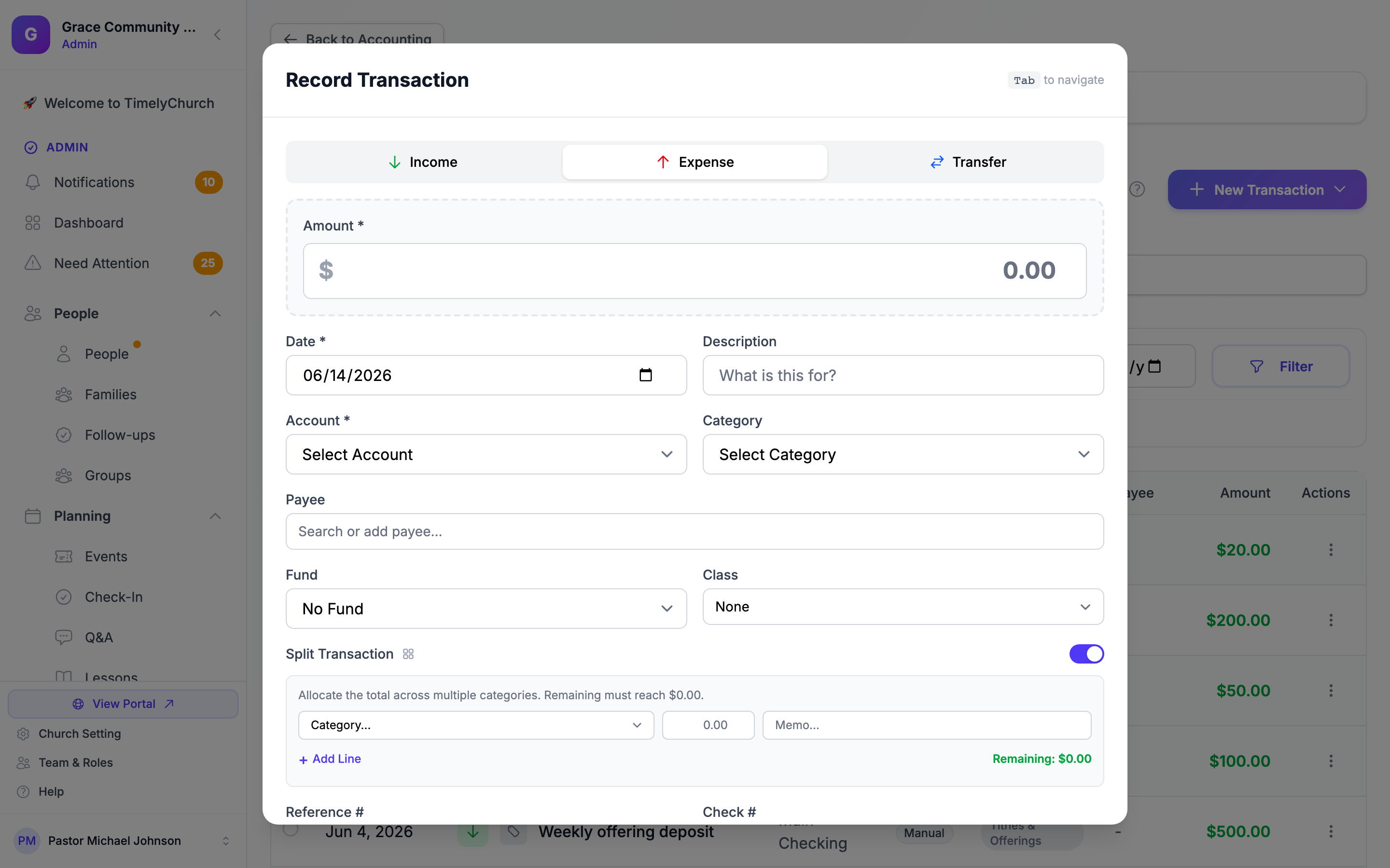 The Record Transaction modal with the Split Transaction toggle switched on, showing split lines (Category / Amount / Memo), the + Add Line link, and the Remaining: $0.00 indicator. Opened via New Transaction > New Expense, then click the Split Transaction toggle. The Remaining figure starts non-zero (red) until amounts are entered; the toggle-on split panel is what the shot depicts.