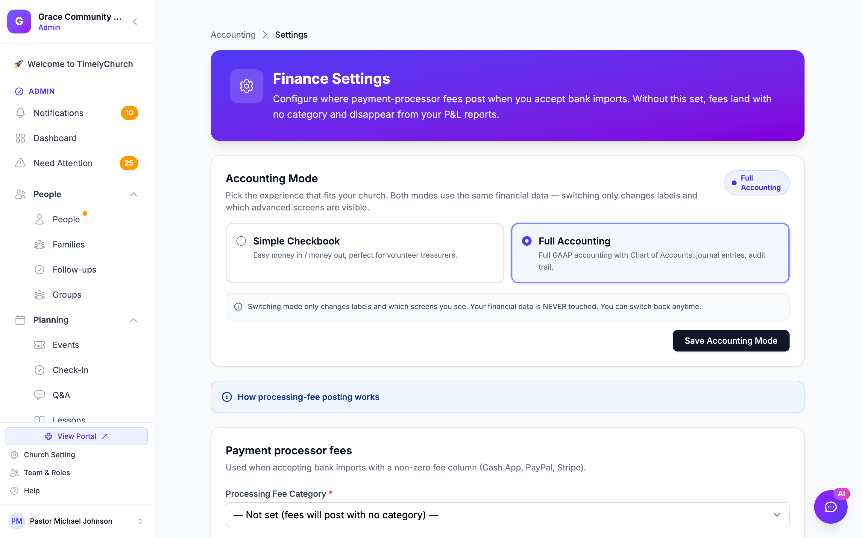 The Payment processor fees section of the Finance Settings page, showing the Processing Fee Category dropdown and Processing Fee Account dropdown. Plain page shot — the section renders below the Accounting Mode card on the settings page.