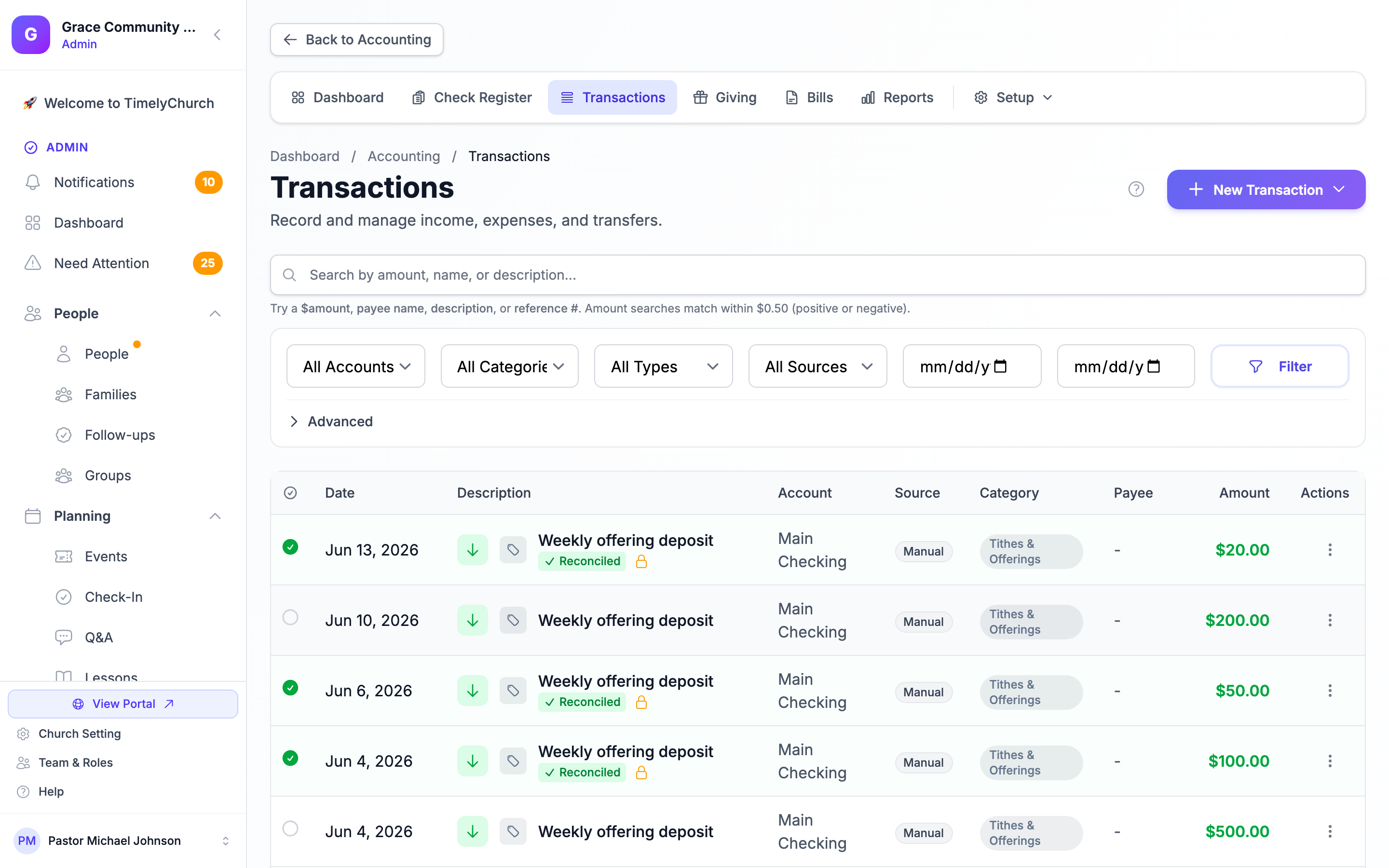 The Bank Import Review banner on the Transactions screen with the 'Open Finance Settings →' link. This red banner only renders when there are pending CSV-import rows carrying processing fees and no Processing Fee Category configured ($needsFeeConfig && $pendingImportsWithFees > 0). The demo church has no such pending imports, so the banner will not appear — the captured shot will be the plain Transactions page. Needs special import-queue state to show the banner.