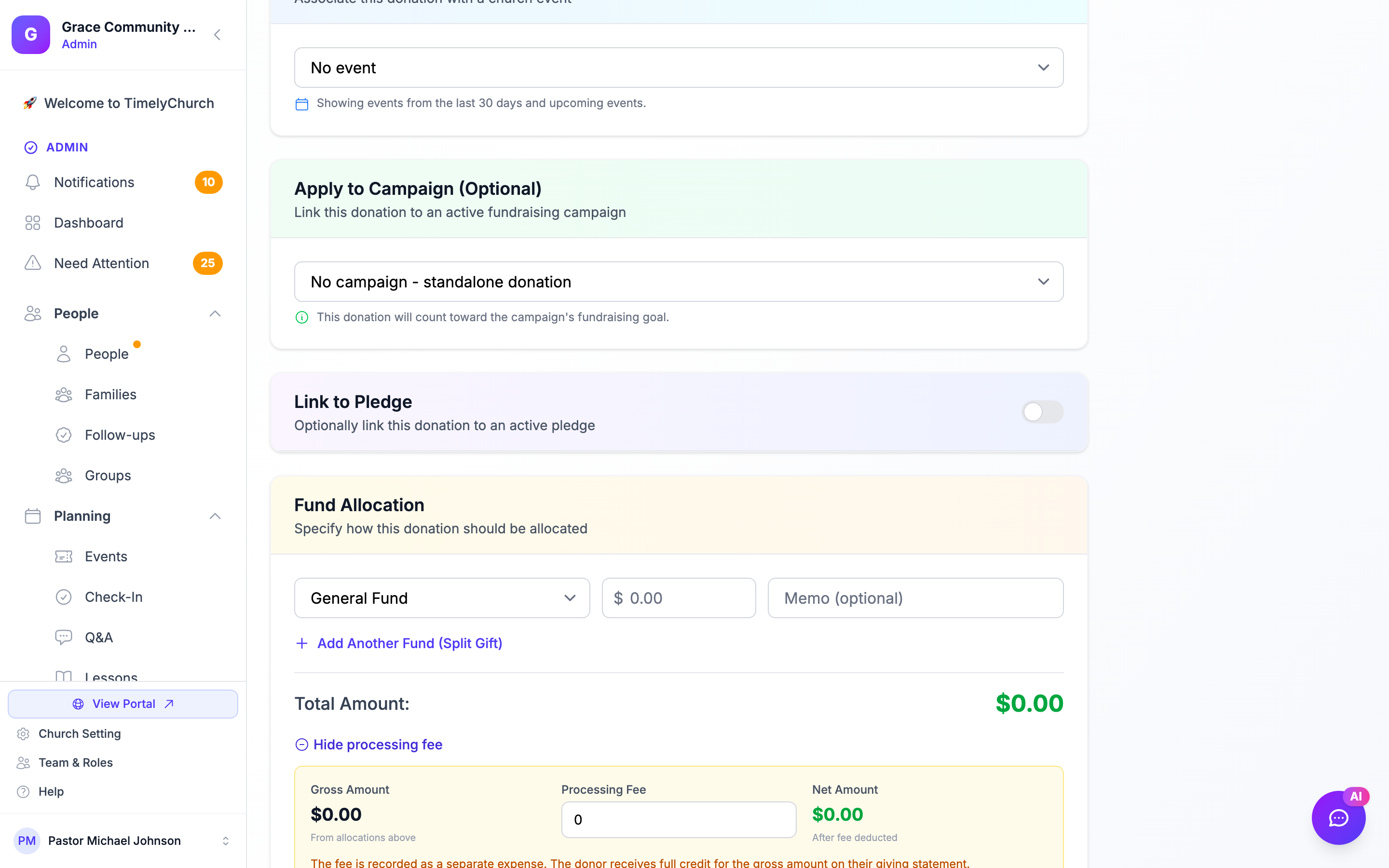 The 'Add processing fee' section expanded on the Record Donation form (Giving > Add giving), showing Gross Amount, Processing Fee, and Net Amount. Opened by clicking the collapsible 'Add processing fee' button on the giving create page.