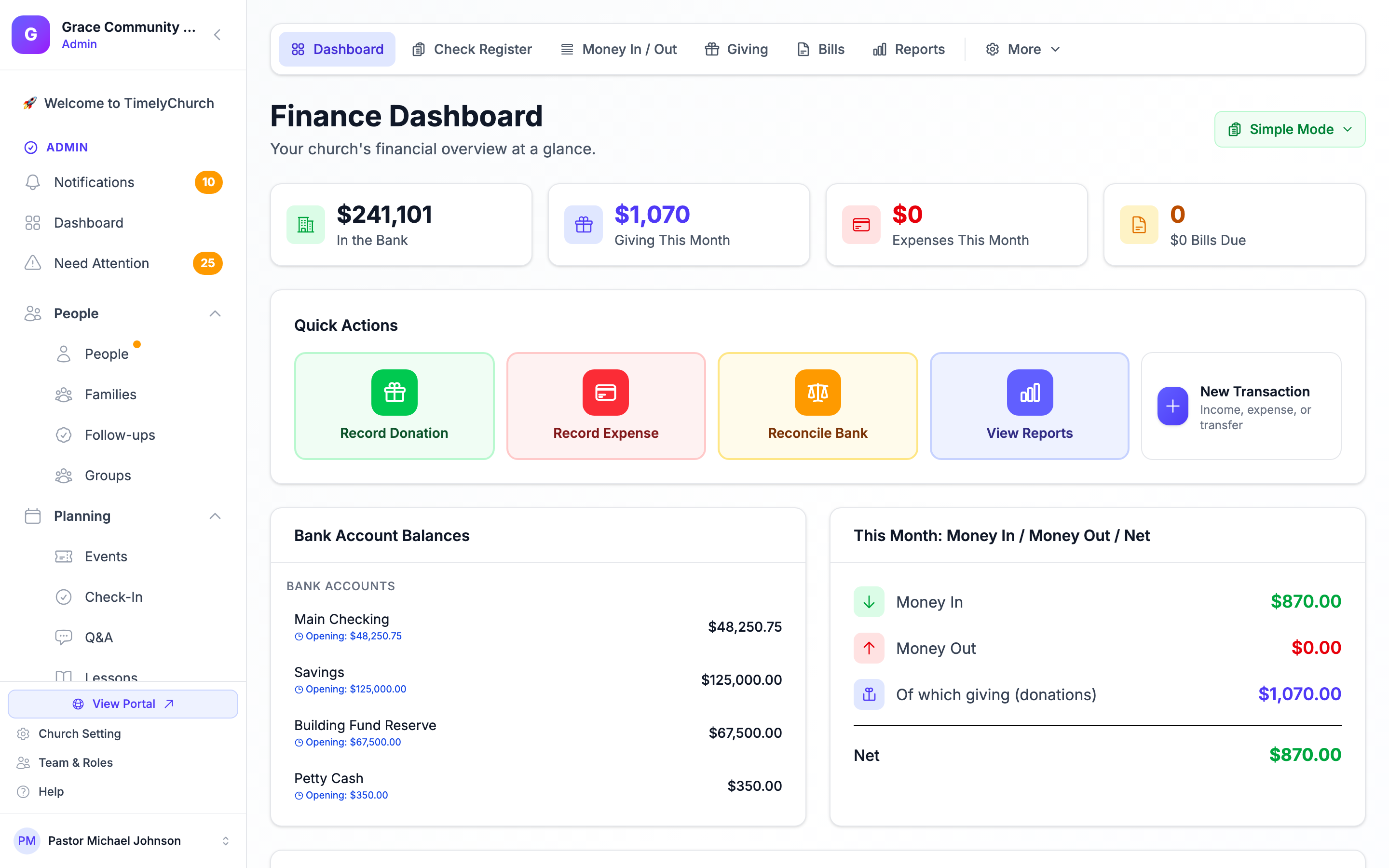The accounting tab bar in Full Accounting mode with the 'Setup ▾' dropdown open, exposing Chart of Accounts, Categories, Payees, Budgets, Reconciliation, Journal Entries, Trial Balance, General Ledger, and Audit Log.