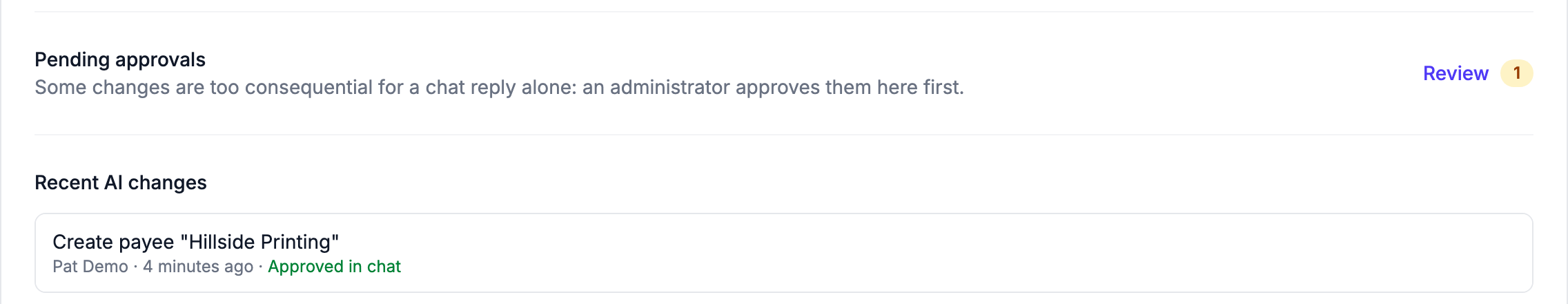 The MCP Connector card with the "Pending approvals" row, its "Review" link and a count of waiting changes, above "Recent AI changes"