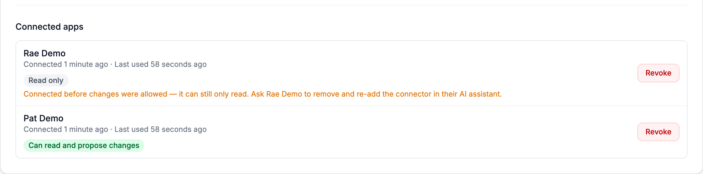 The "Connected apps" list on the MCP Connector card with two connections, one marked "Can read and propose changes" and one marked "Read only", each with a Revoke button