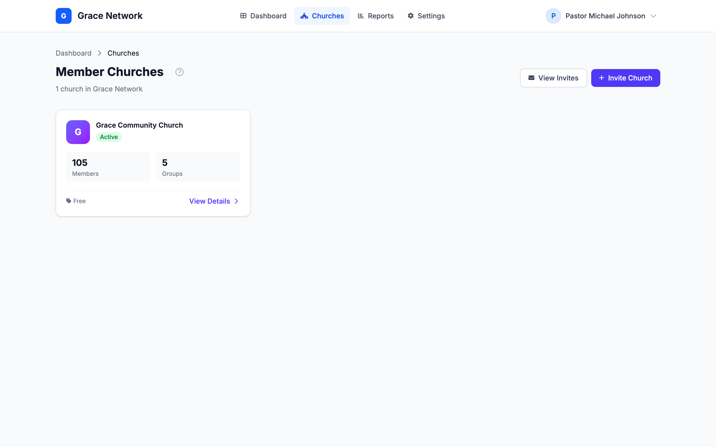 Member Churches directory — each church's status, member and group counts, plan, and a link into its detail view