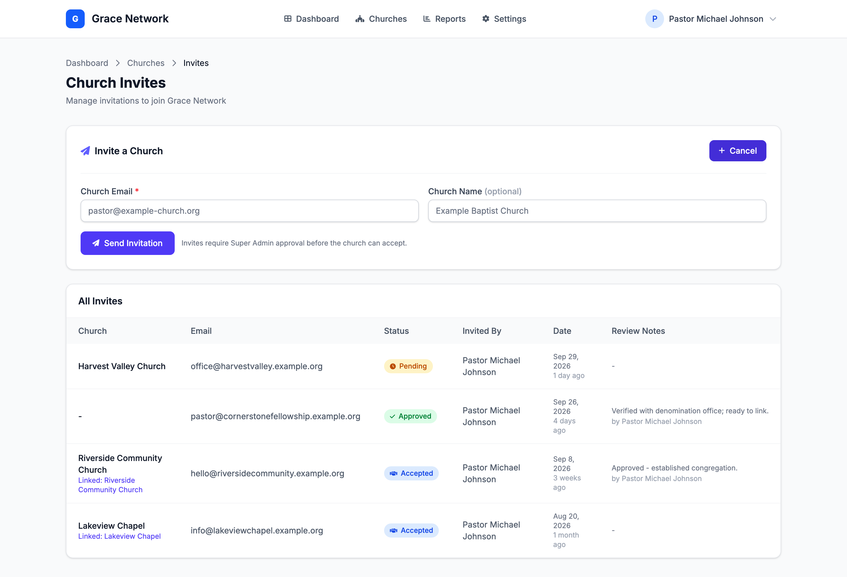 Church Invites page — the Invite a Church card with the Church Email and Church Name fields open, above the All Invites table with Pending, Approved and Accepted statuses