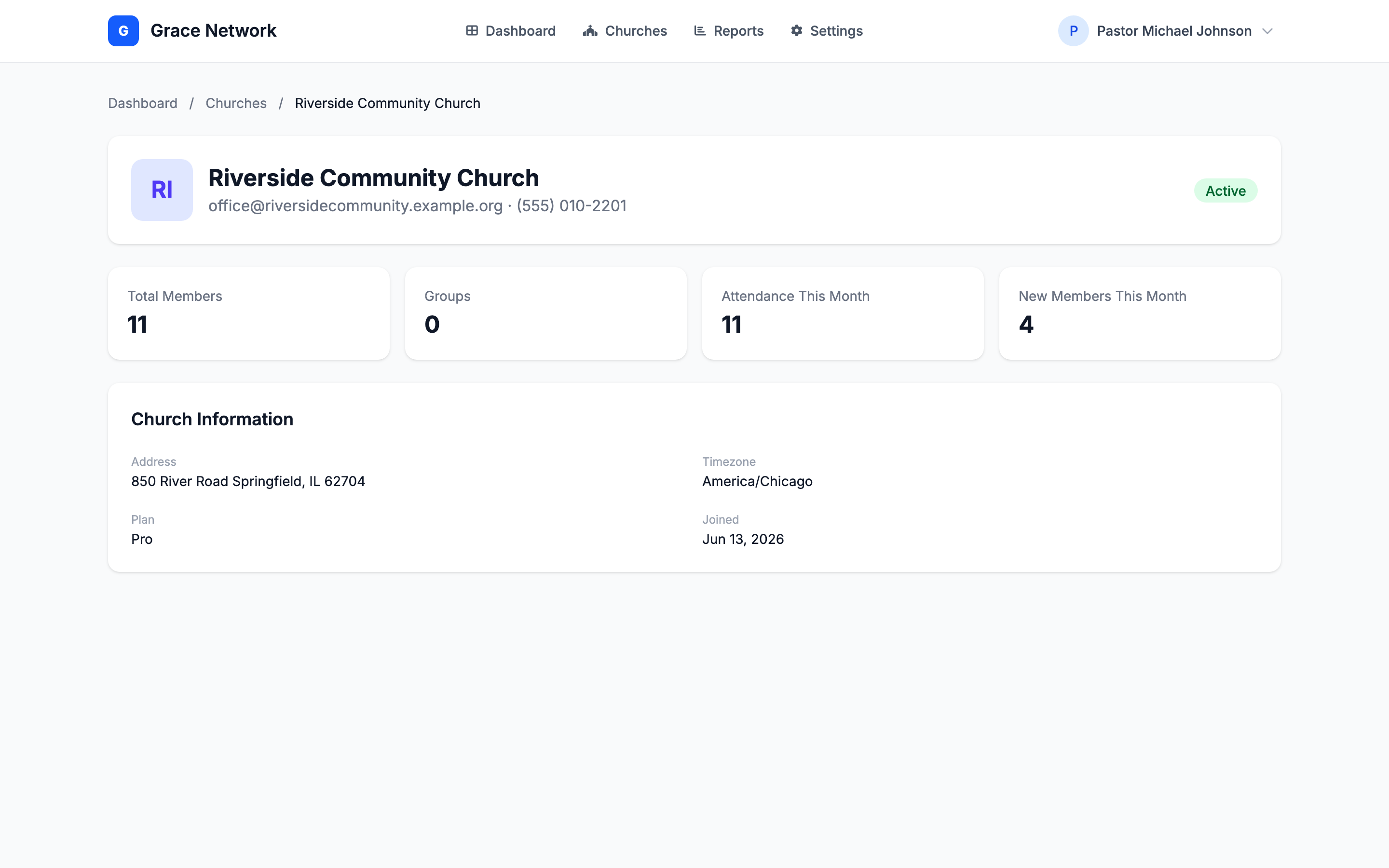 A member church's detail page — Total Members, Groups, Attendance This Month and New Members This Month cards above the Church Information panel