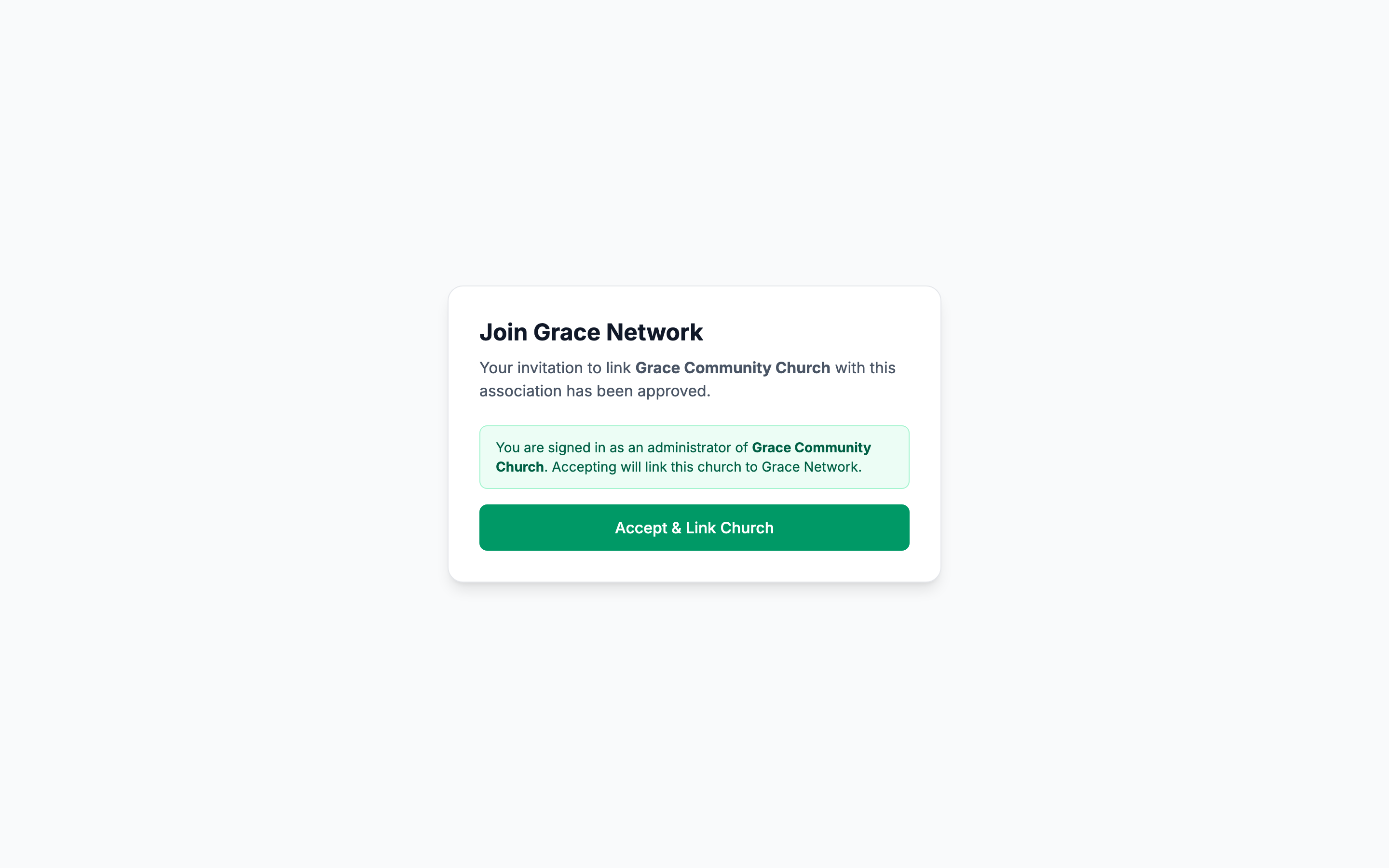 The Join association page for a signed-in church administrator — the green confirmation that accepting will link the church, and the Accept & Link Church button