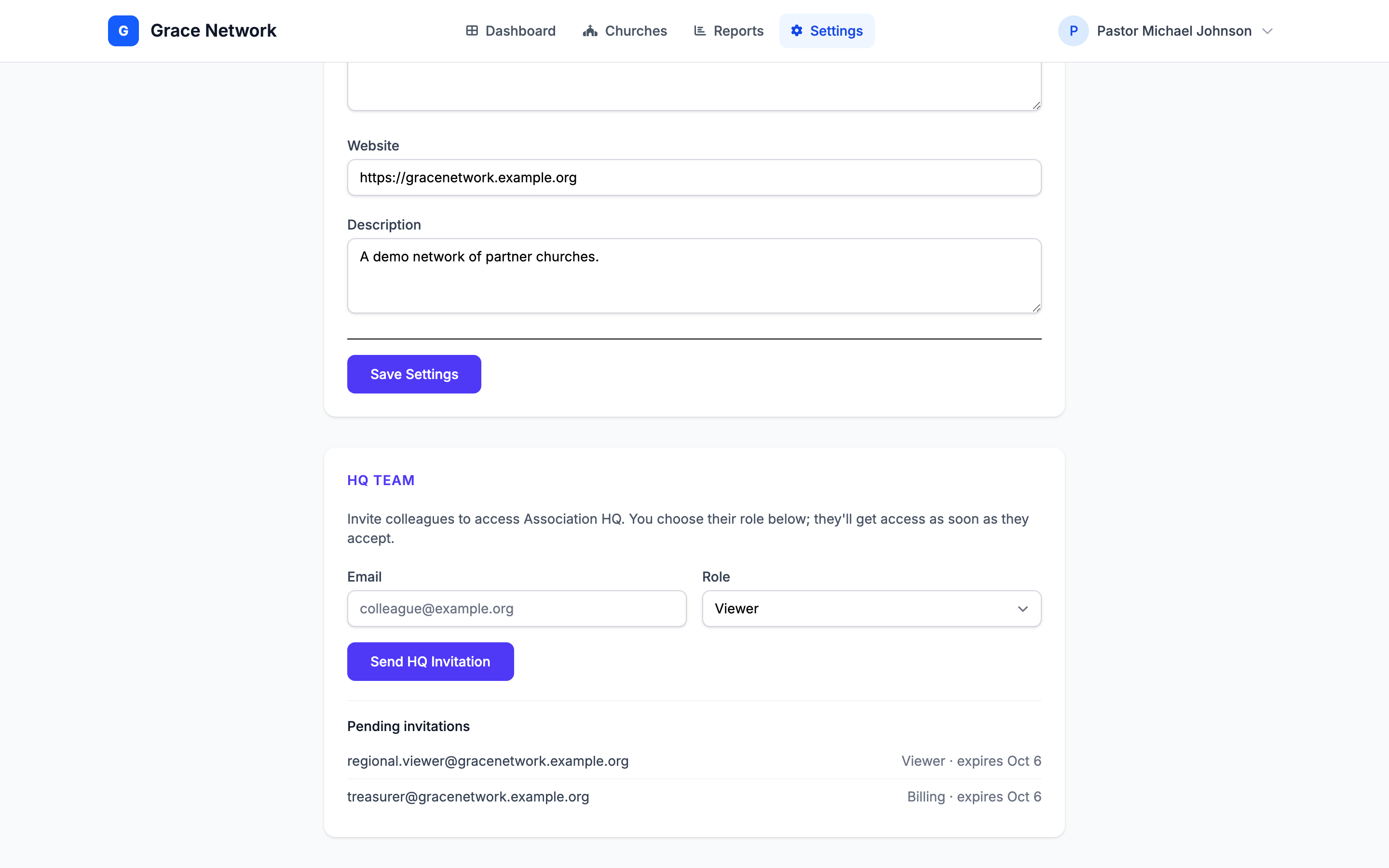 Settings page, HQ Team card — the Email field, the Role dropdown set to Viewer, the Send HQ Invitation button, and two pending invitations with their roles and expiry dates