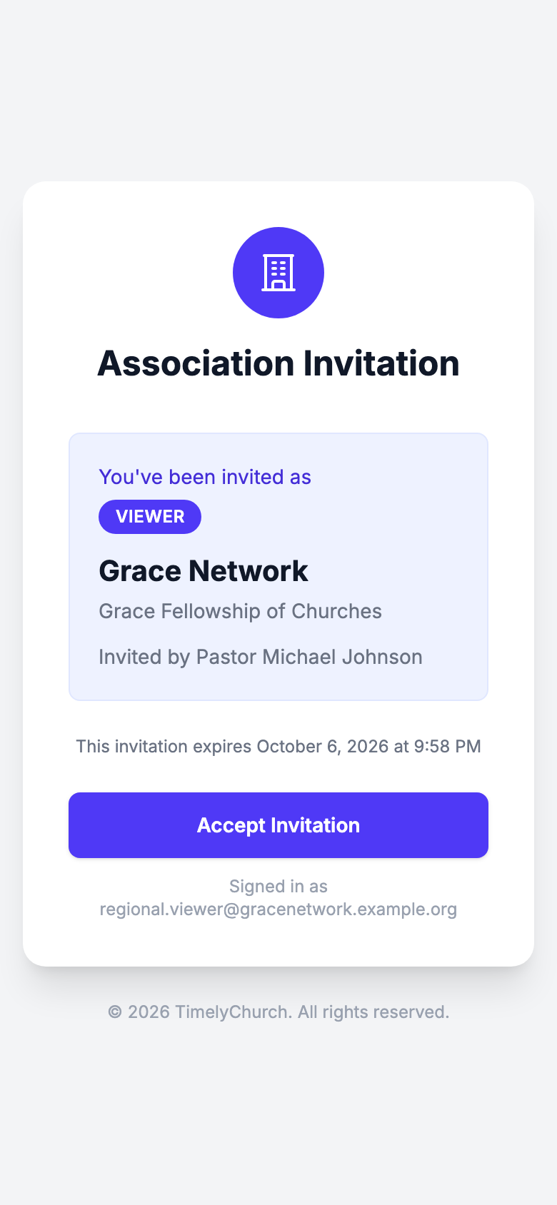 The Association Invitation page — the invited role, the association's name and inviter, the expiry date, and the Accept Invitation button