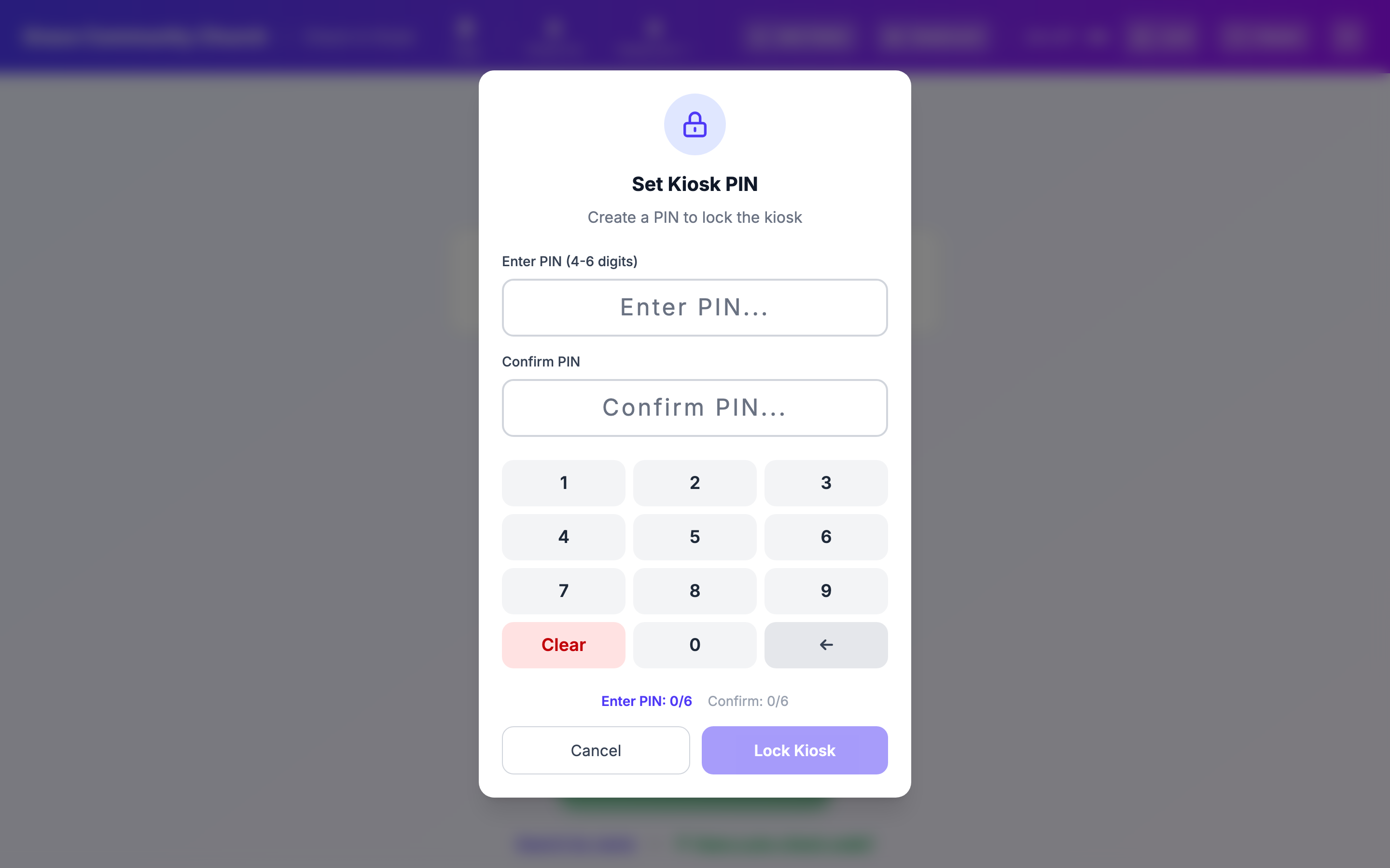 Set Kiosk PIN modal with two PIN fields and an on-screen number pad. The kiosk loads unlocked (isLocked=false); clicking the header Lock button runs toggleKioskLock() which opens the showSetPinModal modal (New PIN + Confirm PIN inputs and a 0-9 number pad with Clear/Enter).