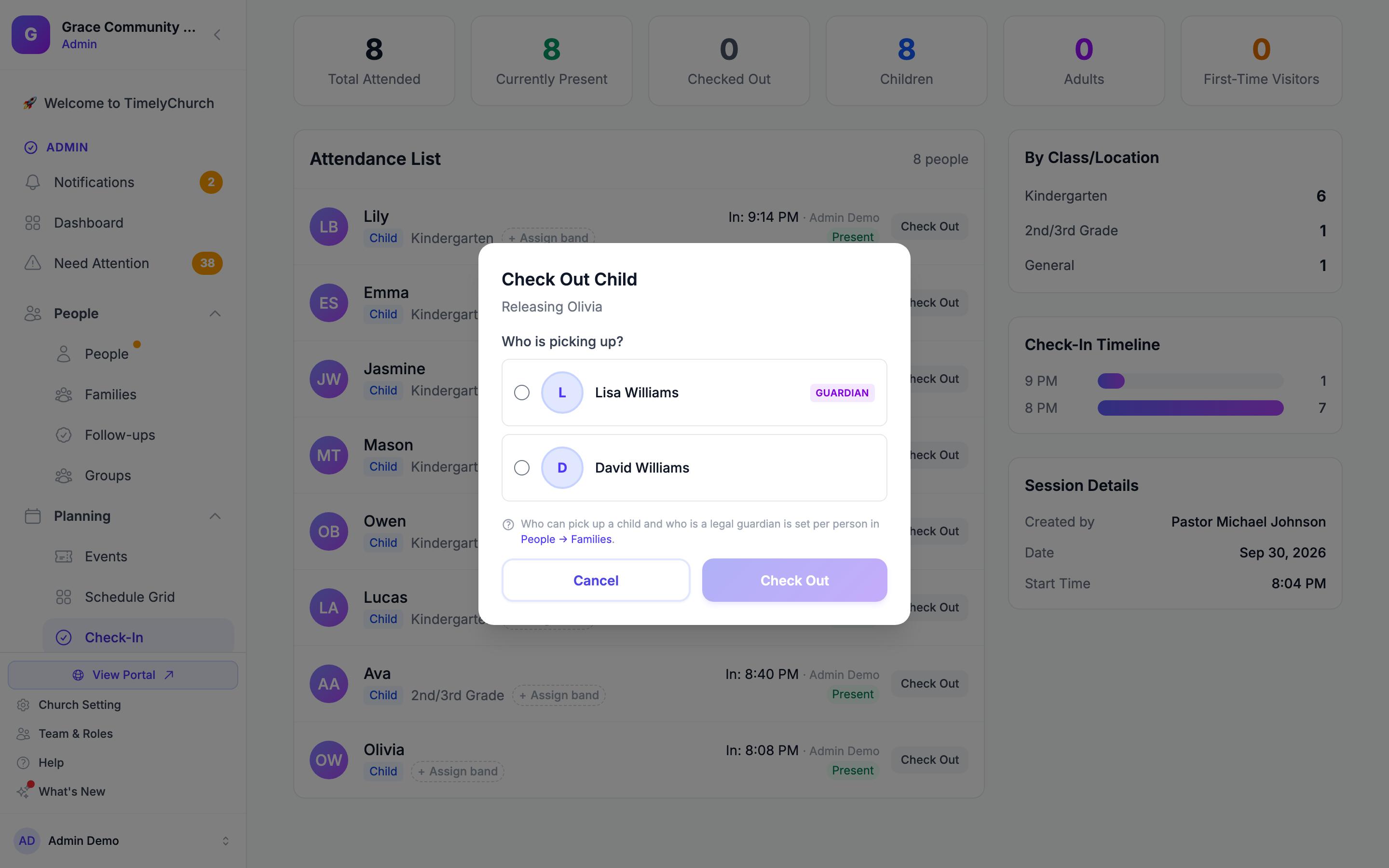 Check Out Child window with the "Who is picking up?" list of authorized pickups, each with a photo and a Guardian badge where it applies, and the Check Out button