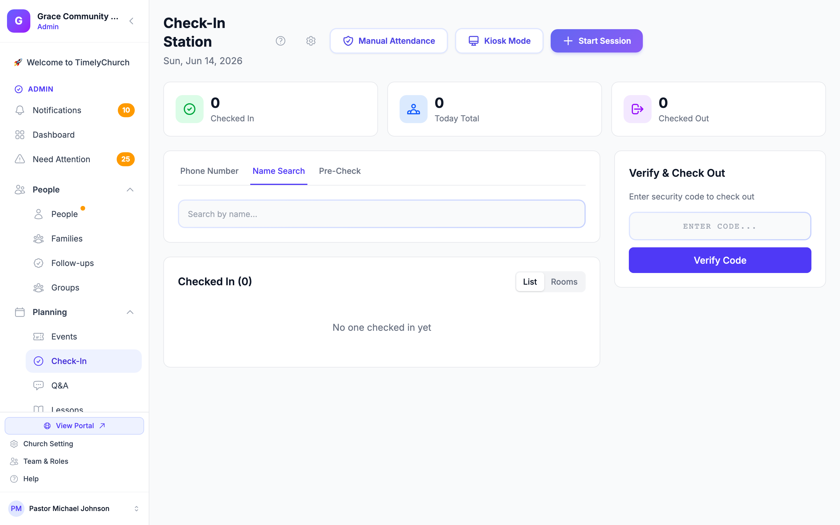 Check-In Station search panel with a person selected and a class assigned. The 'person selected + class dropdown' state requires typing a name into the Name Search box and clicking 'Check In' on a result, which the clickText/dispatch/wait prep cannot do (no type action, search is debounced live input). Best achievable shot activates the Name Search tab to show the search panel on the Check-In Station.
