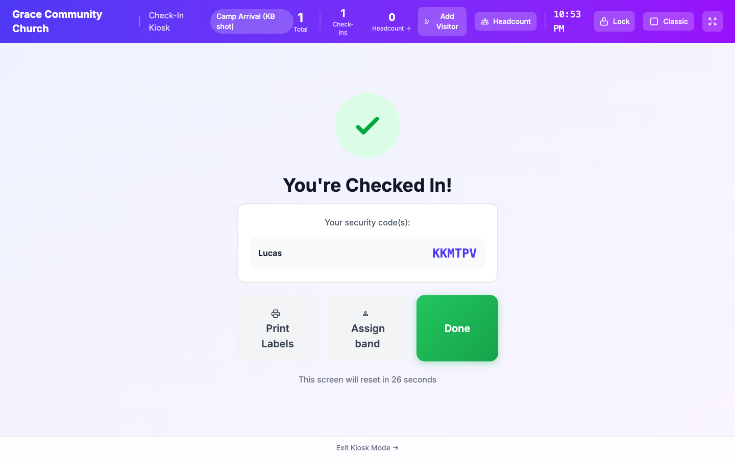 The kiosk's "You're Checked In!" confirmation screen, showing the security code, the "Print Labels" button, and the new "Assign band" button side by side.