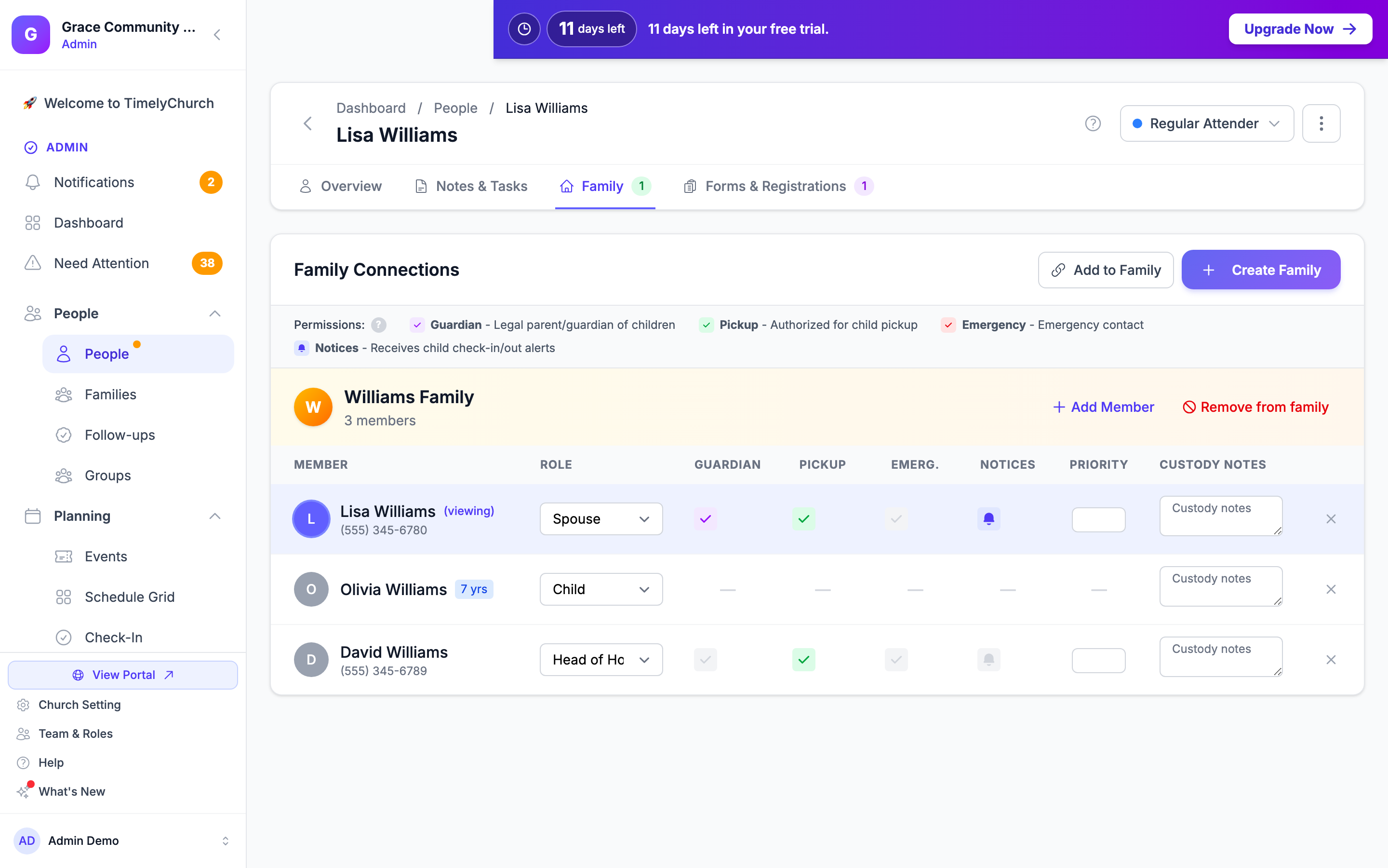 A person's Family tab showing each adult with the Guardian, Pickup, Emerg. and Check-in notices chips, one guardian's Check-in notices chip on (indigo) and another off (gray)