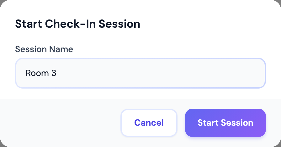 Start Check-In Session modal from the event Check-In tab, with Session Name required and pre-filled Room 2 (or similar) and no event dropdown (event is locked). Capture on Grace Community: from that same tab, click Start a session.