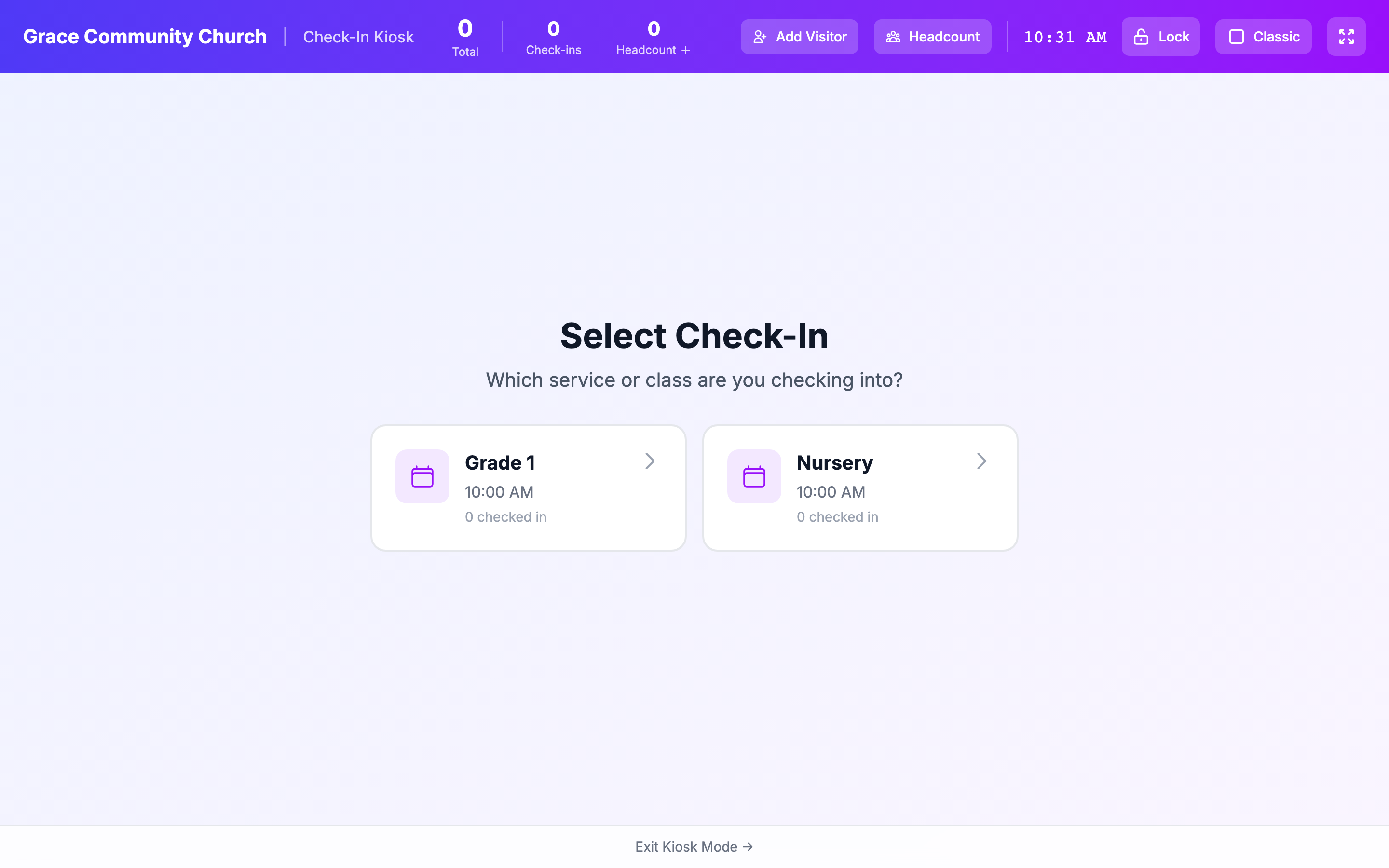 Kiosk Select Check-In screen listing named live sessions (for example Nursery and Grade 1) as large tap cards. Capture on Grace Community: with two+ rooms live, open Kiosk Mode from the Check-In Station header (not Open kiosk on a single card) so no session_id is preselected.