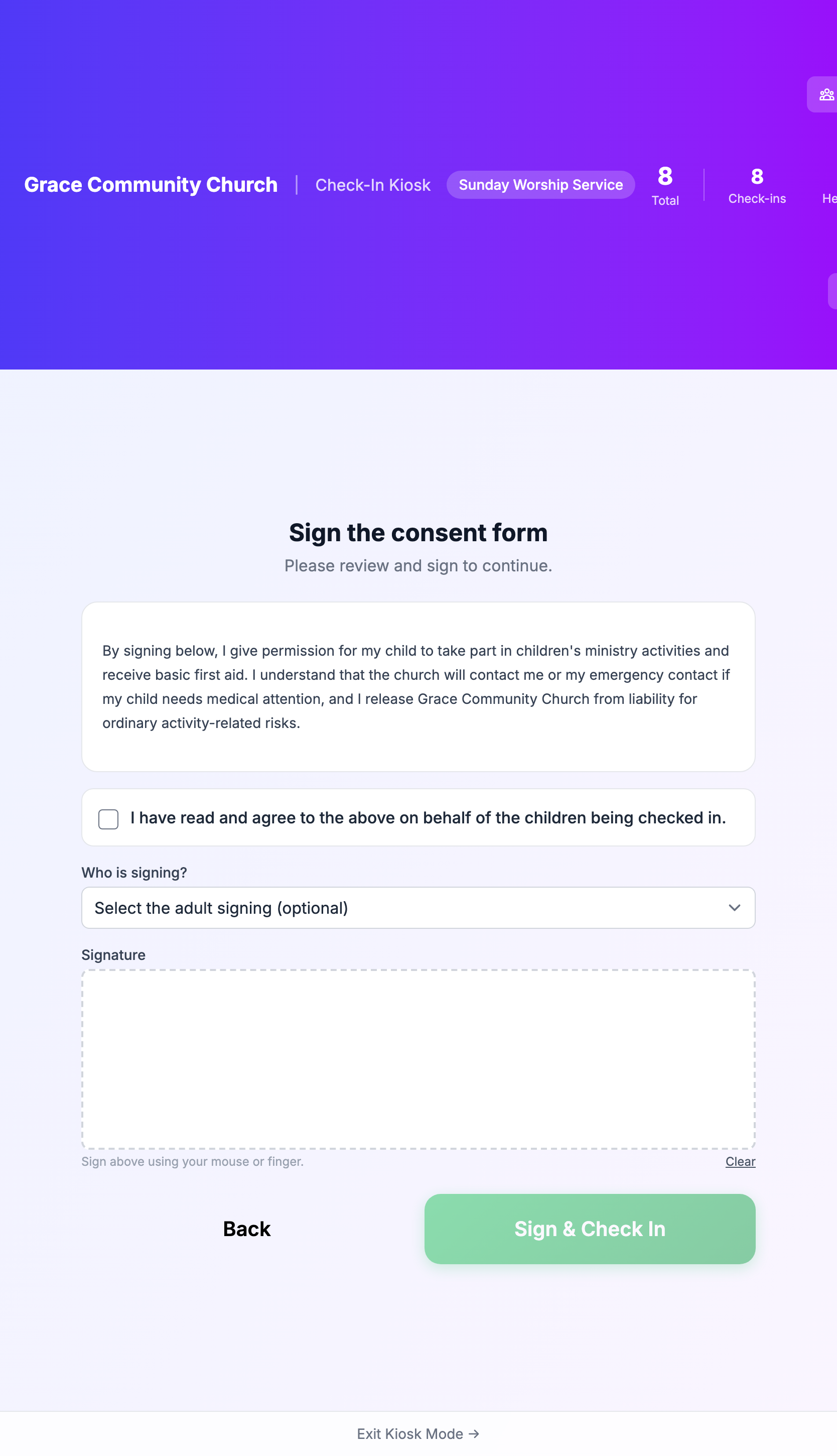 Kiosk Sign the consent form screen with the waiver text, the I have read and agree checkbox, the Who is signing list, the signature box, and the Sign & Check In button