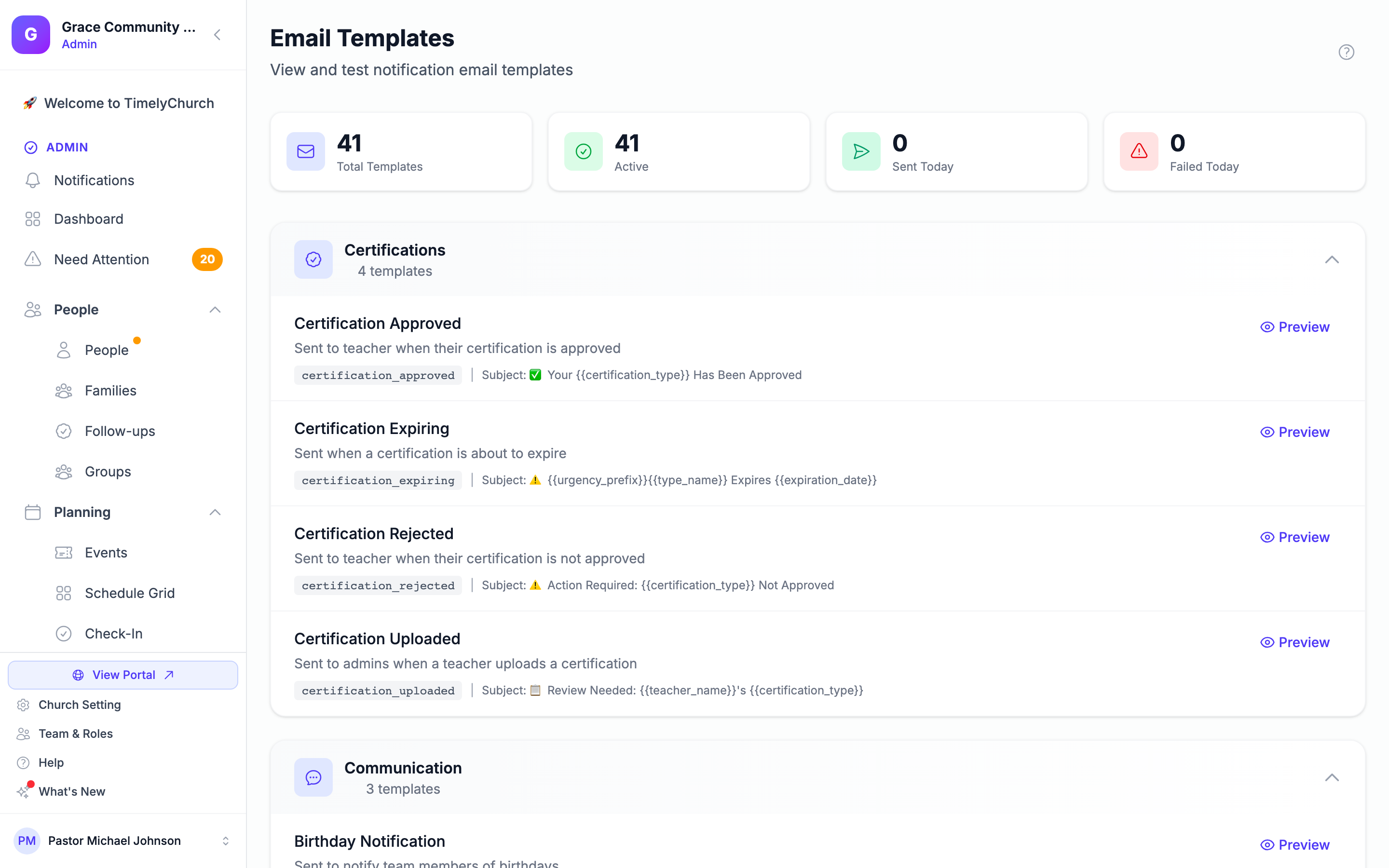 The Email Templates page with the Total Templates, Active, Sent Today and Failed Today cards and the templates grouped by category, each with a Preview button