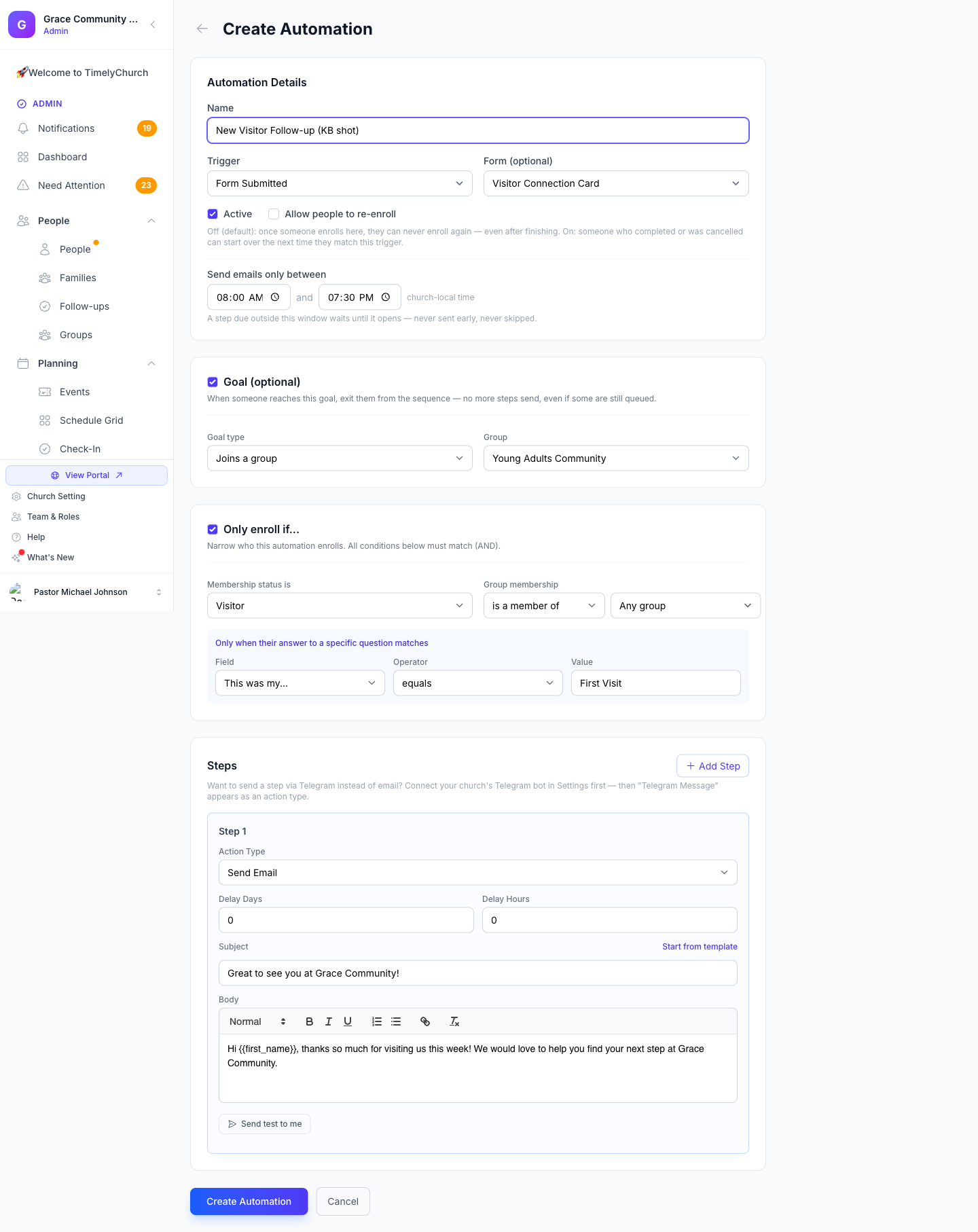 The automation builder: a "New Visitor Follow-up" automation with its trigger, active/re-enrollment toggles, send window, an optional goal, an "Only enroll if…" condition, and its first step.