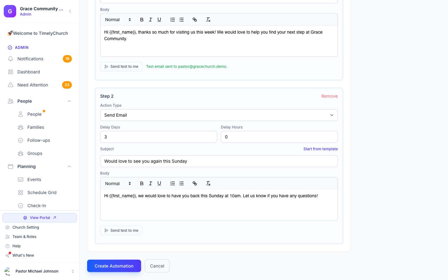 A second step configured with a 3-day delay before it fires — the workflow timeline below shows "Wait 3 days" between the two steps.