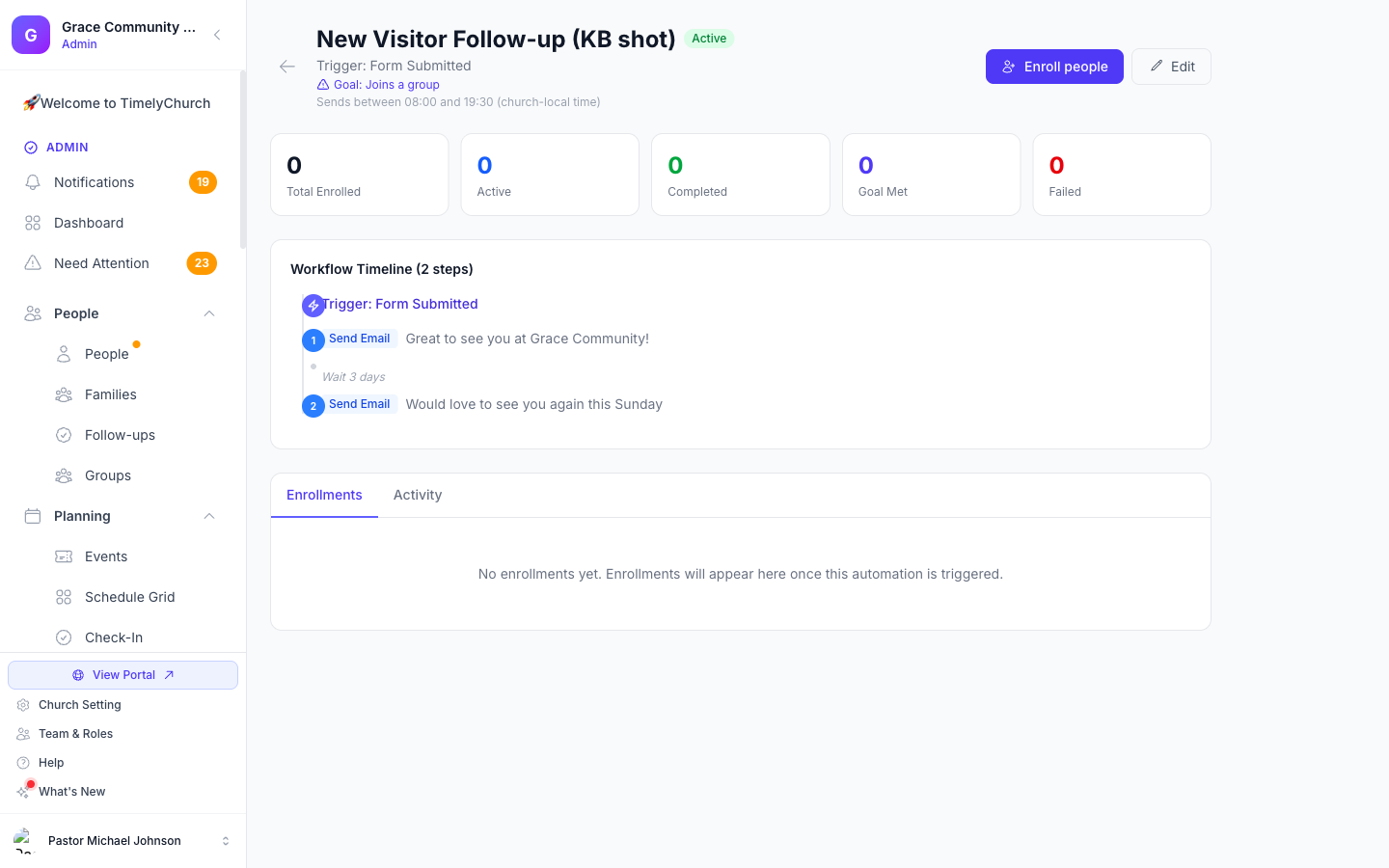 The saved automation's Workflow Timeline: Trigger → Send Email (immediately) → Wait 3 days → Send Email.