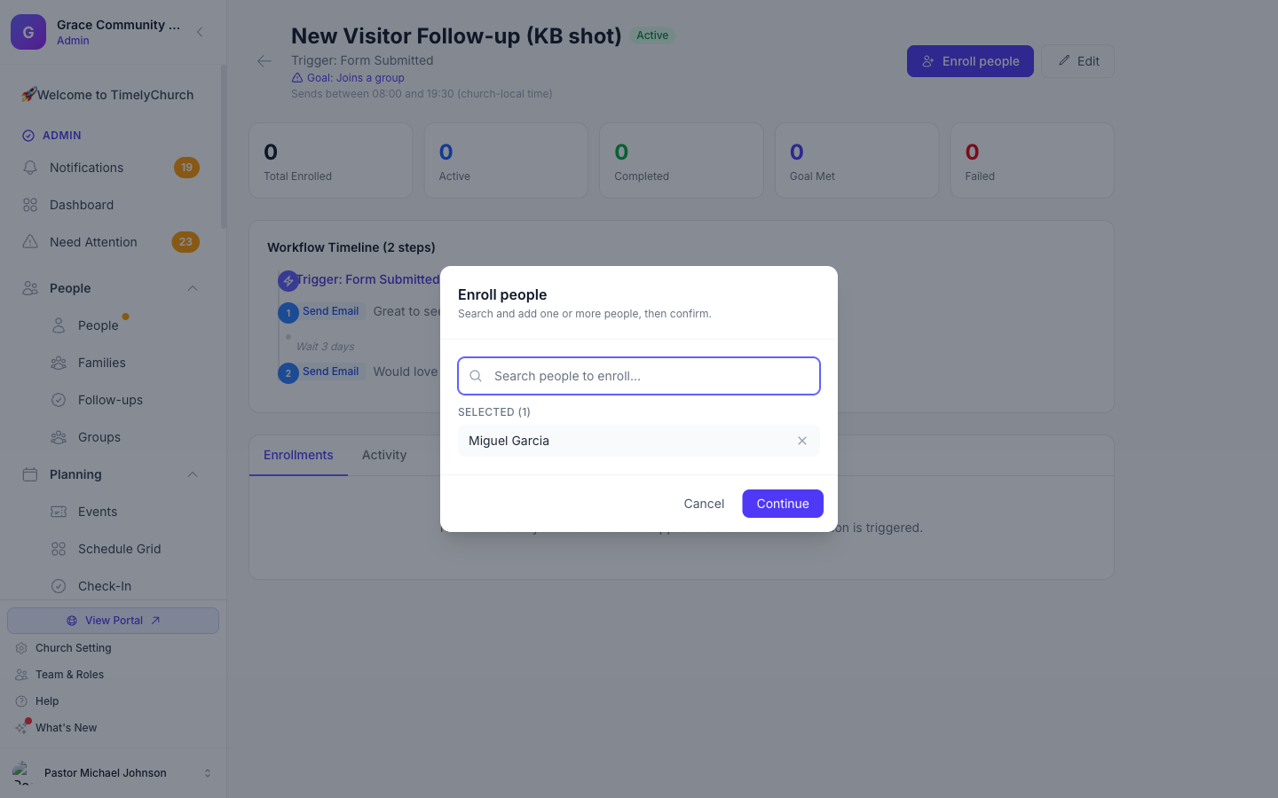The "Enroll people" search modal with a person selected and added to the pending list, ready to continue.
