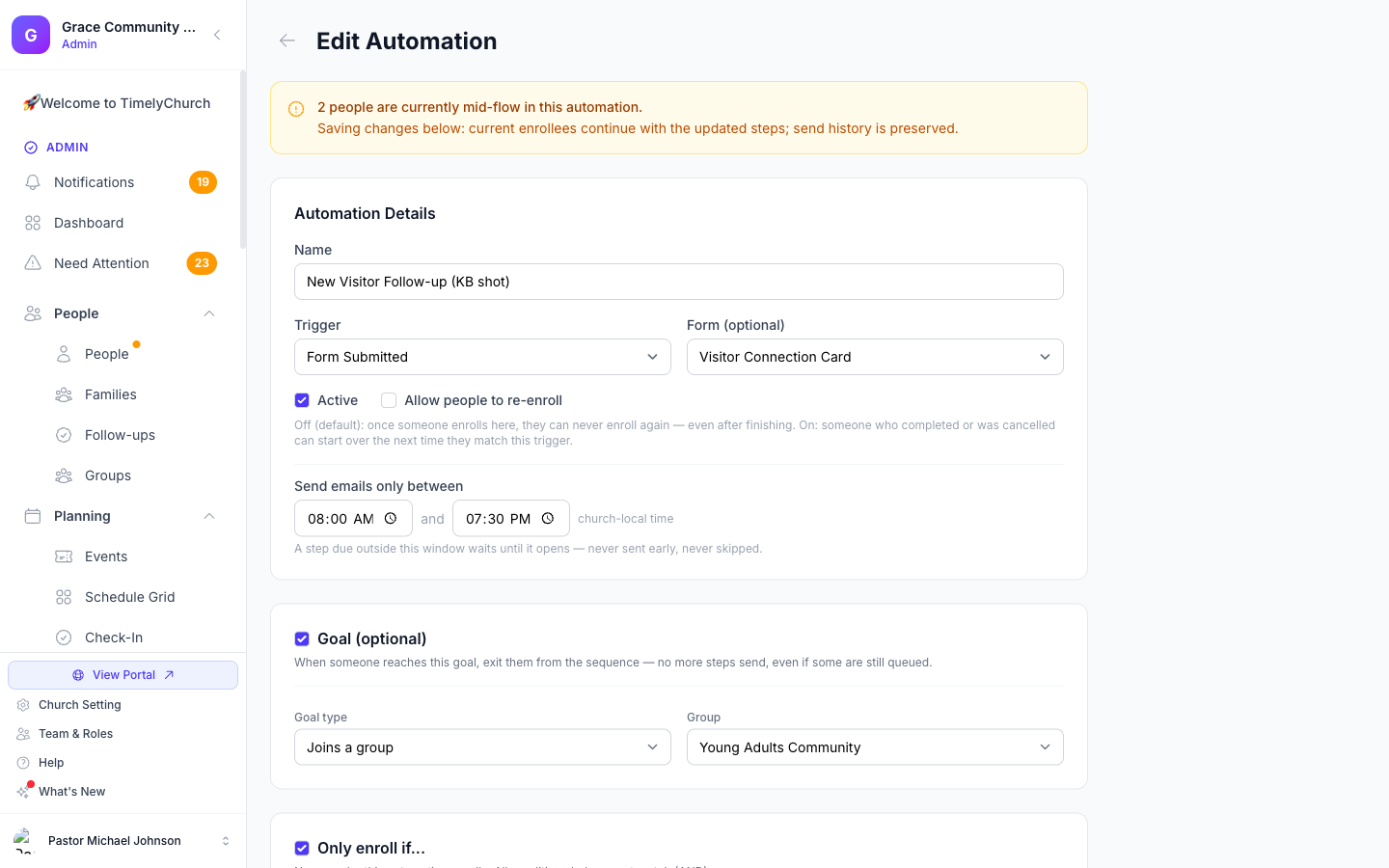 The live-edit warning banner: "2 people are currently mid-flow in this automation. Saving changes below: current enrollees continue with the updated steps; send history is preserved."