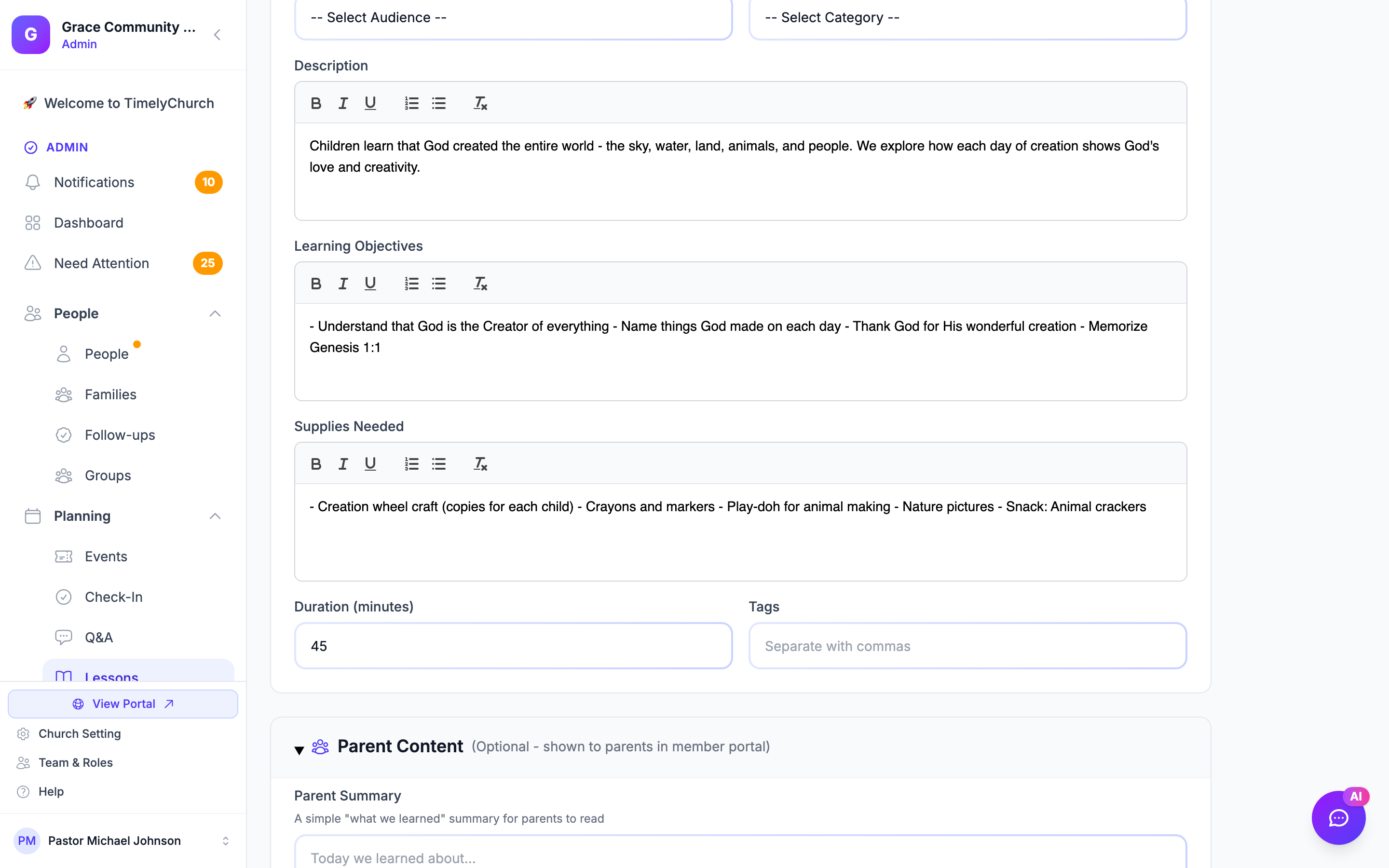 AI Assistant panel under the Discussion Questions textarea, with the prompt input and a purple Generate button. Reached on the lesson detail page in edit mode: open lesson 61 (God Made Everything), enter Edit mode, expand the collapsible Parent Content section, then the purple-bordered AI Assistant panel sits directly under the Discussion Questions textarea. Demo church grace-community (id 11) has content_generation AI enabled, so the panel renders.