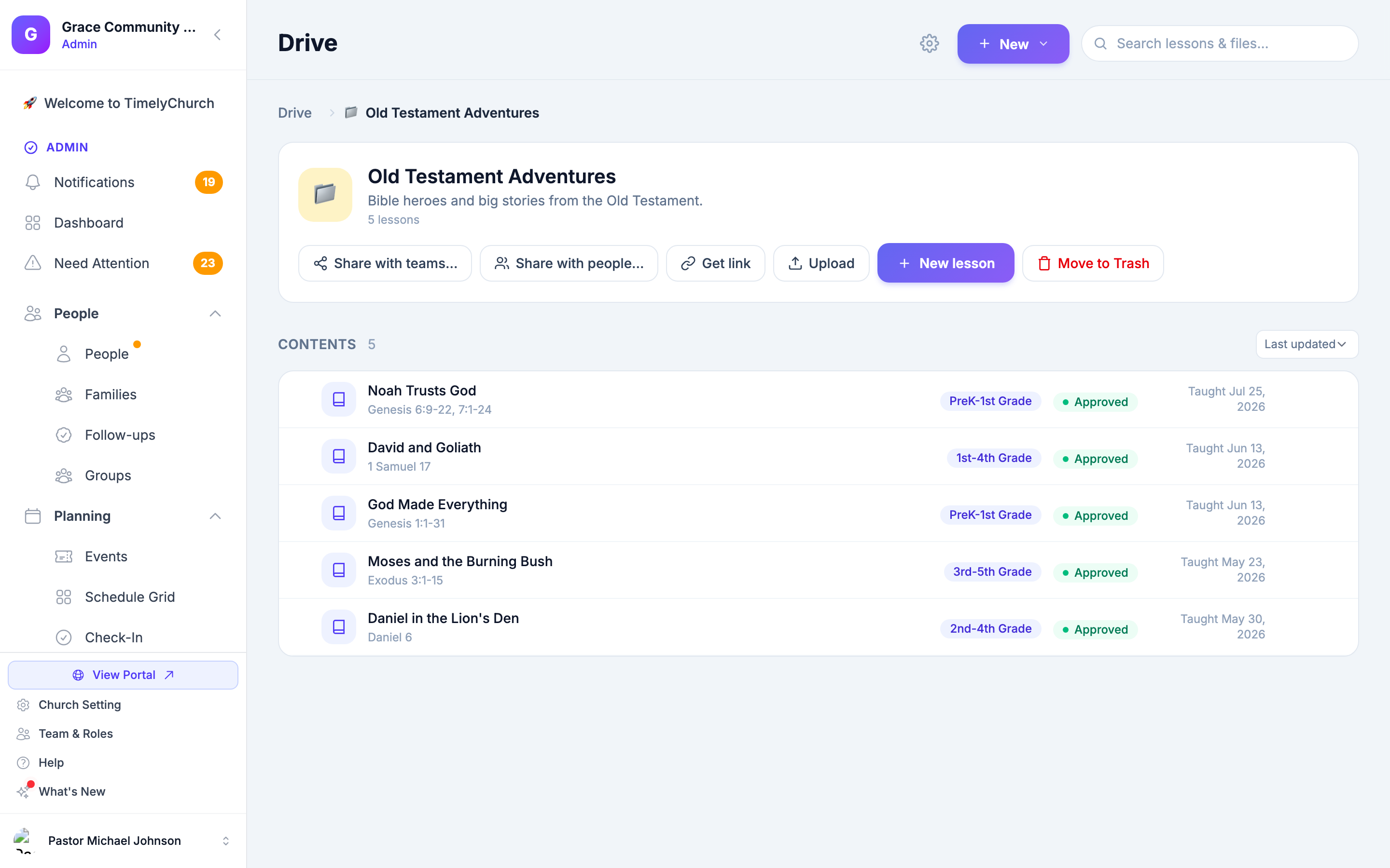 A curriculum folder opened to its lesson cards — grade-range chips, approval status, and last-taught dates, with Share, Get link, Upload, and New lesson actions.