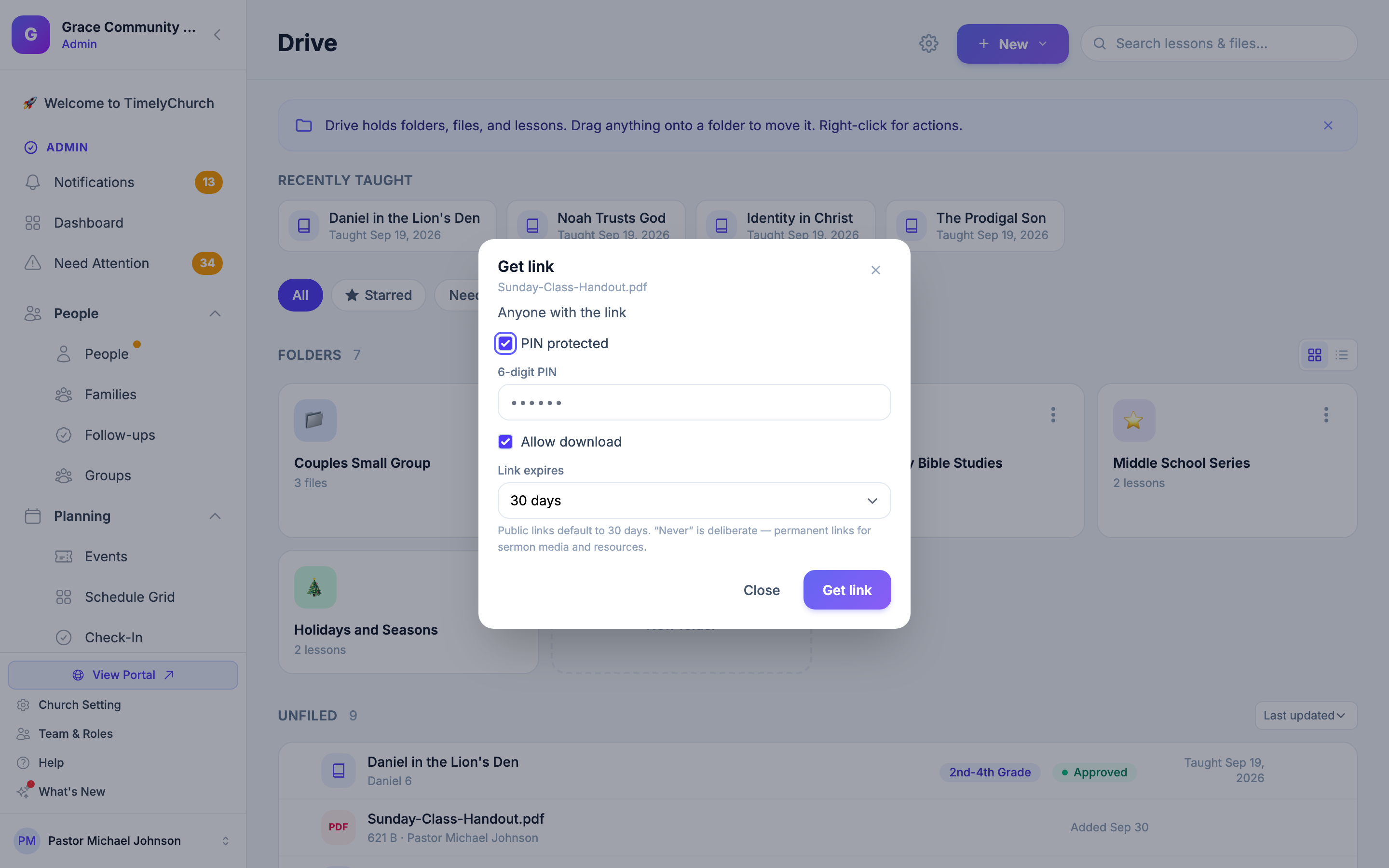 The Get link window in Drive with PIN protected, Allow download, and Link expires set to 30 days