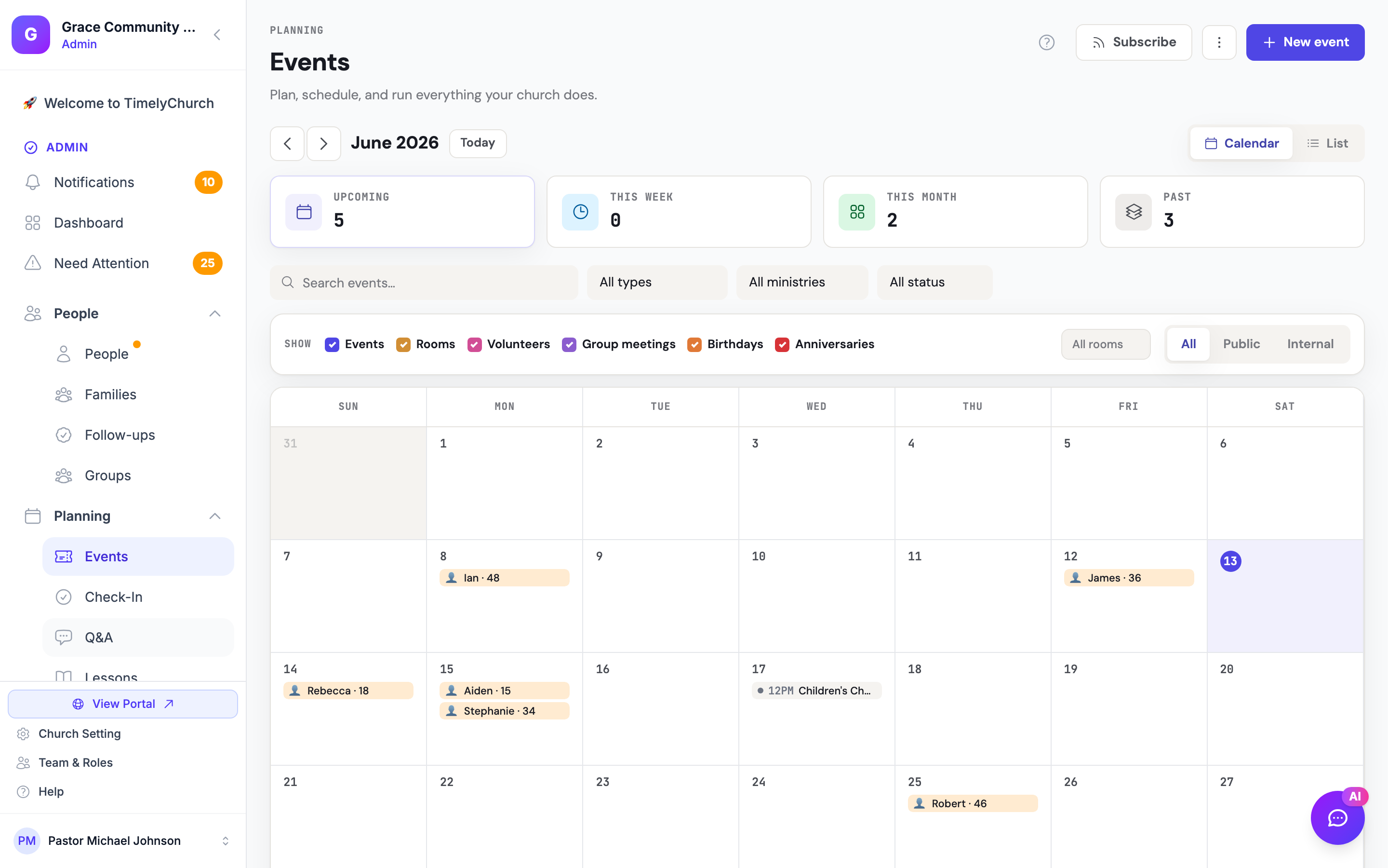 The Events page with the "New event" button highlighted in the top-right toolbar
