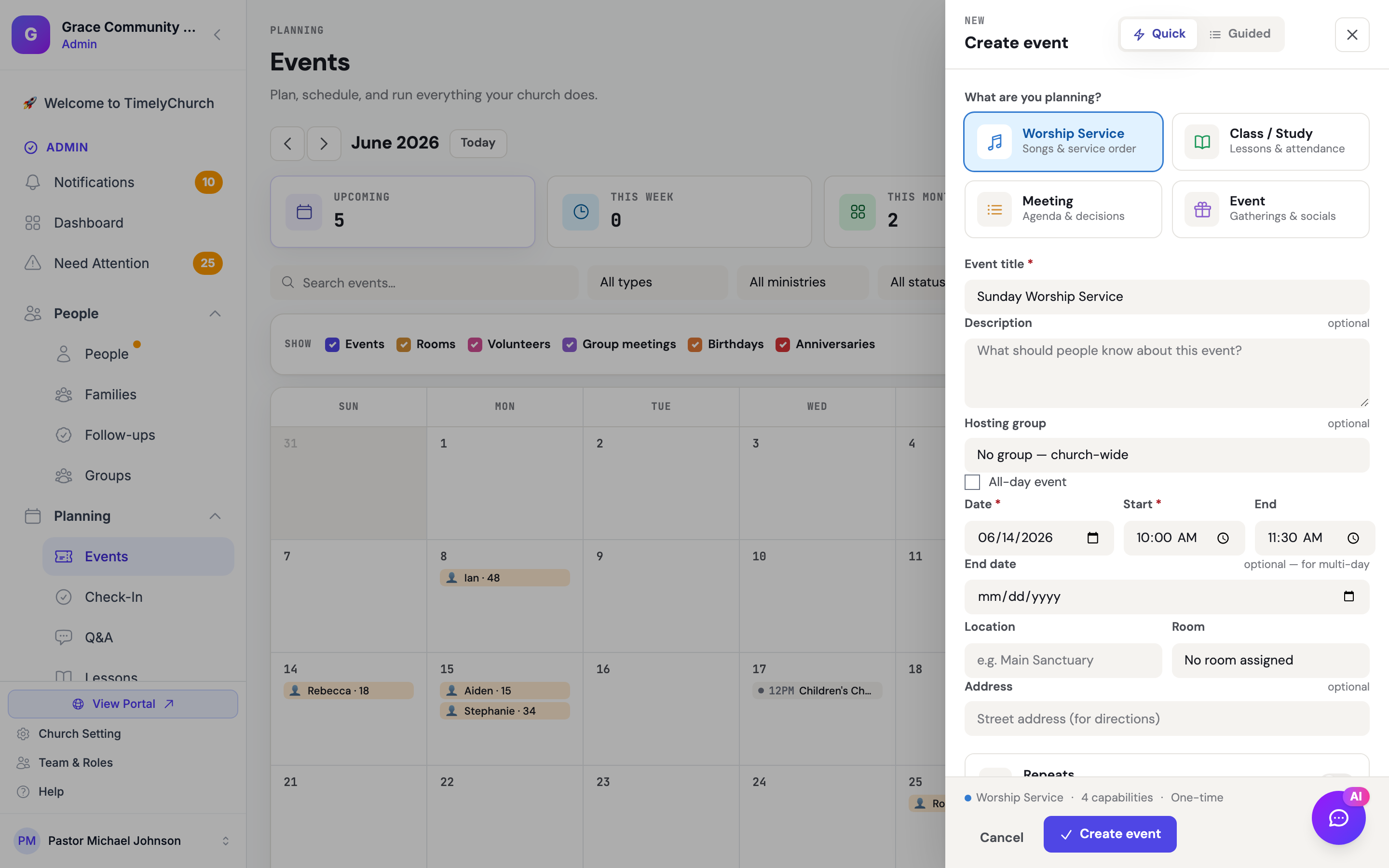 The Create event drawer showing the Quick / Guided toggle at the top