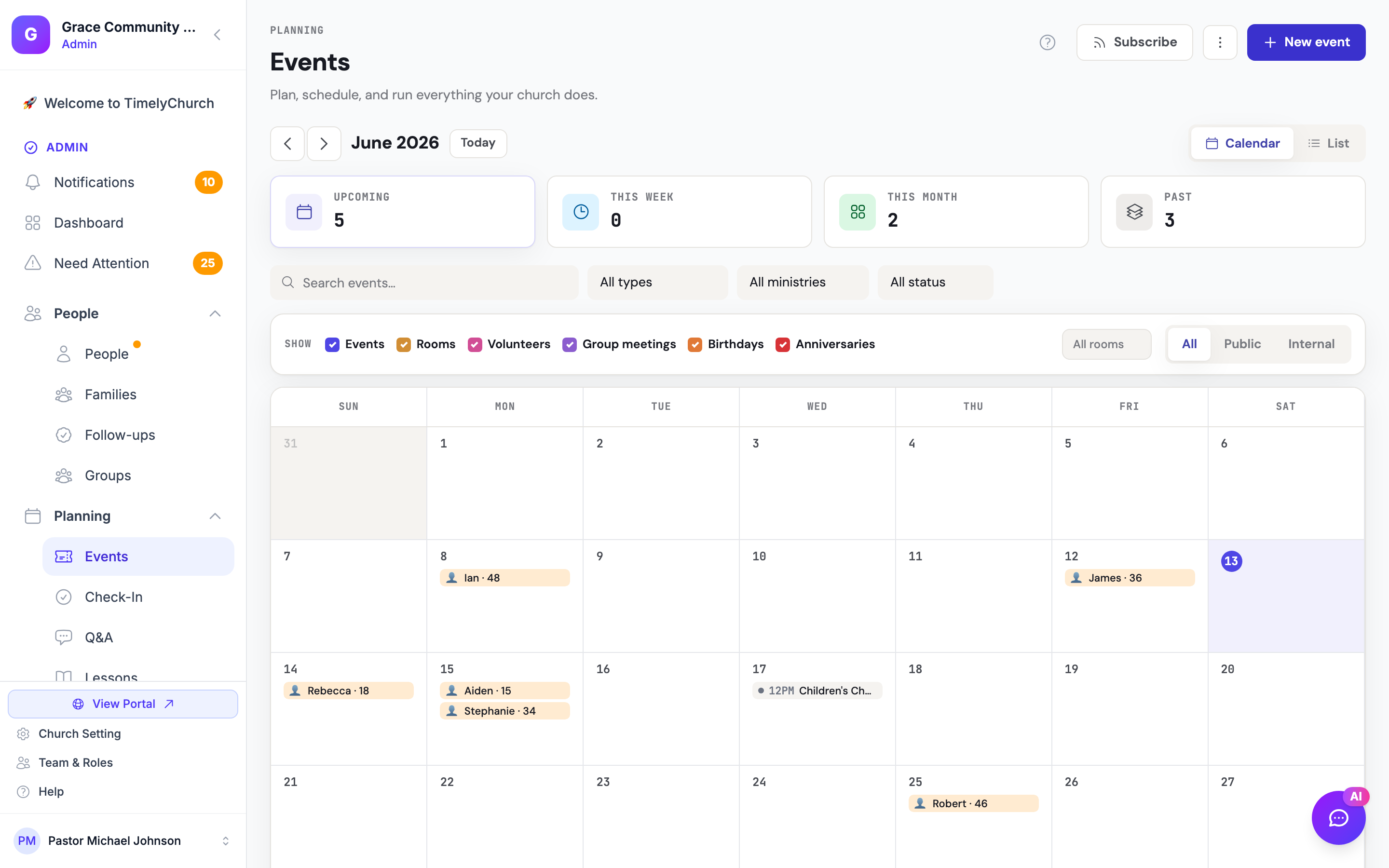 The Events page showing the success message after an event is created