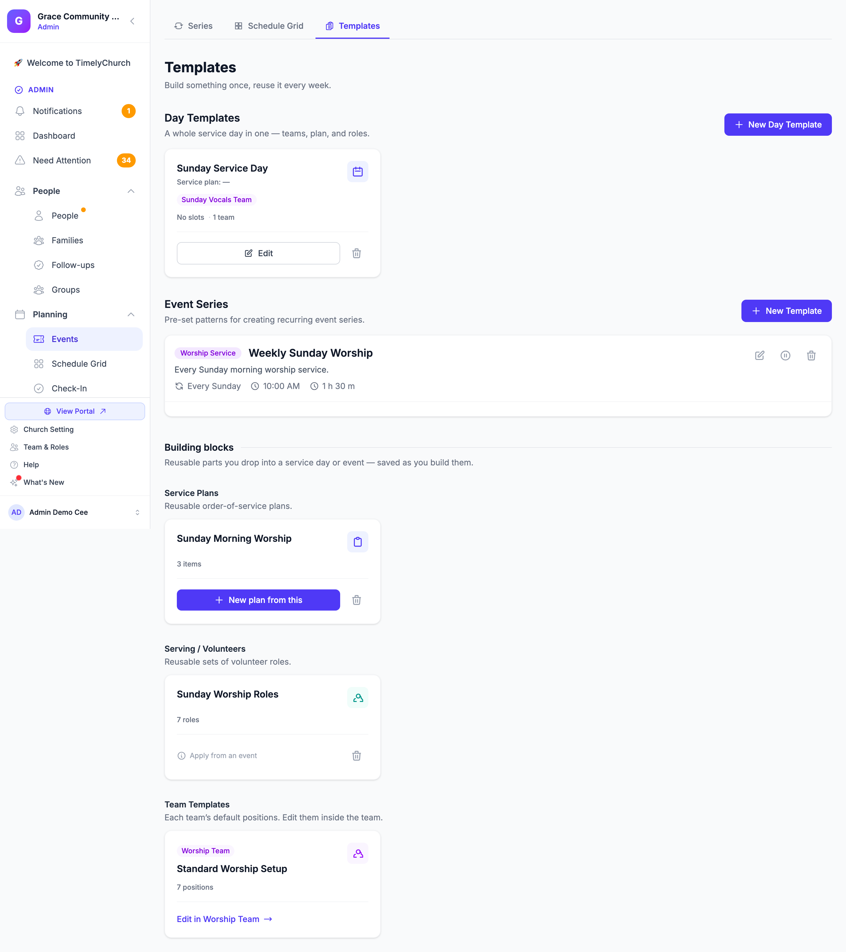 The Templates page showing the Day Templates, Event Series, Service Plans, Serving / Volunteers, and Team Templates sections