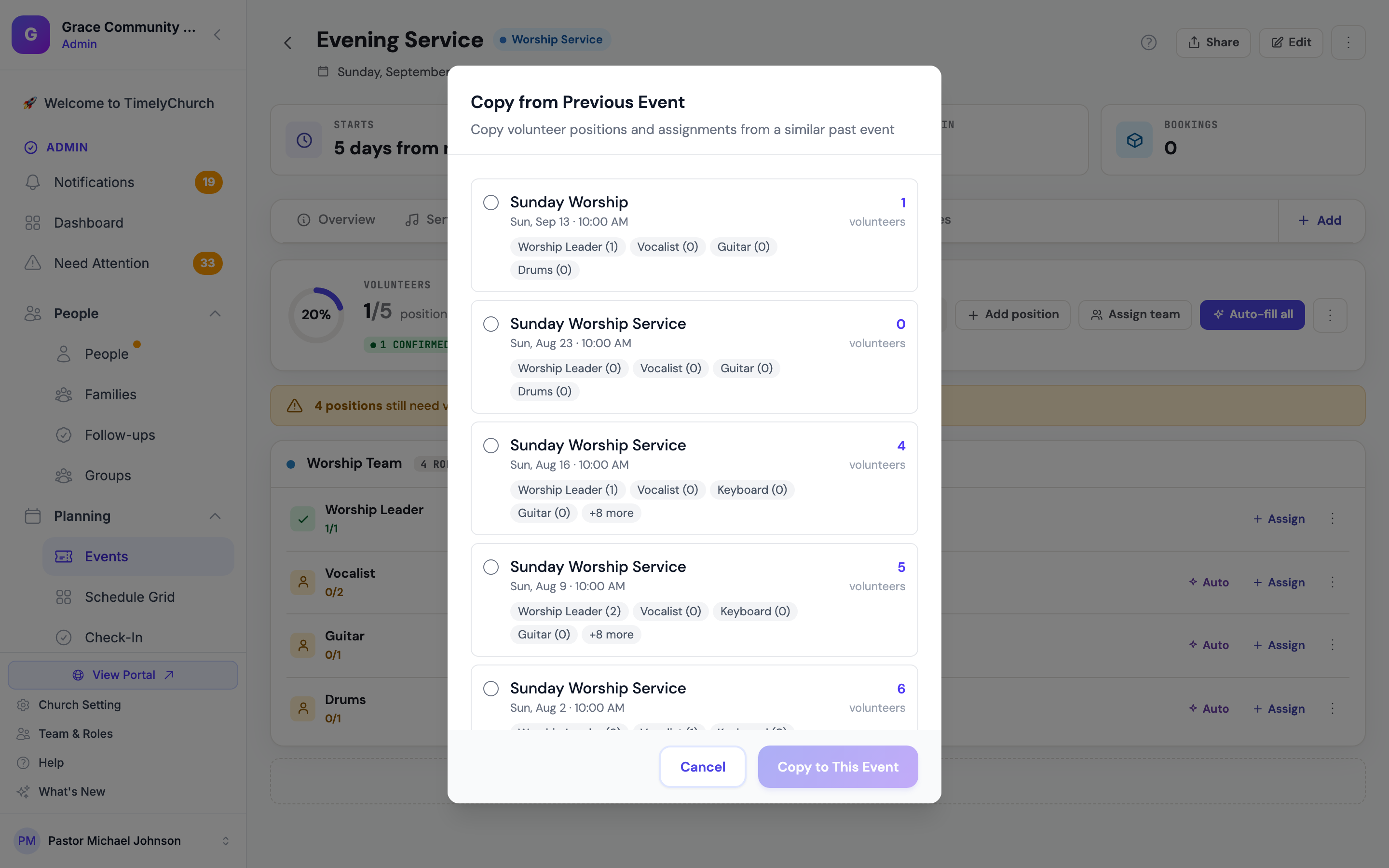 The Copy from Previous Event dialog, showing a list of past services with their dates, times, and position counts