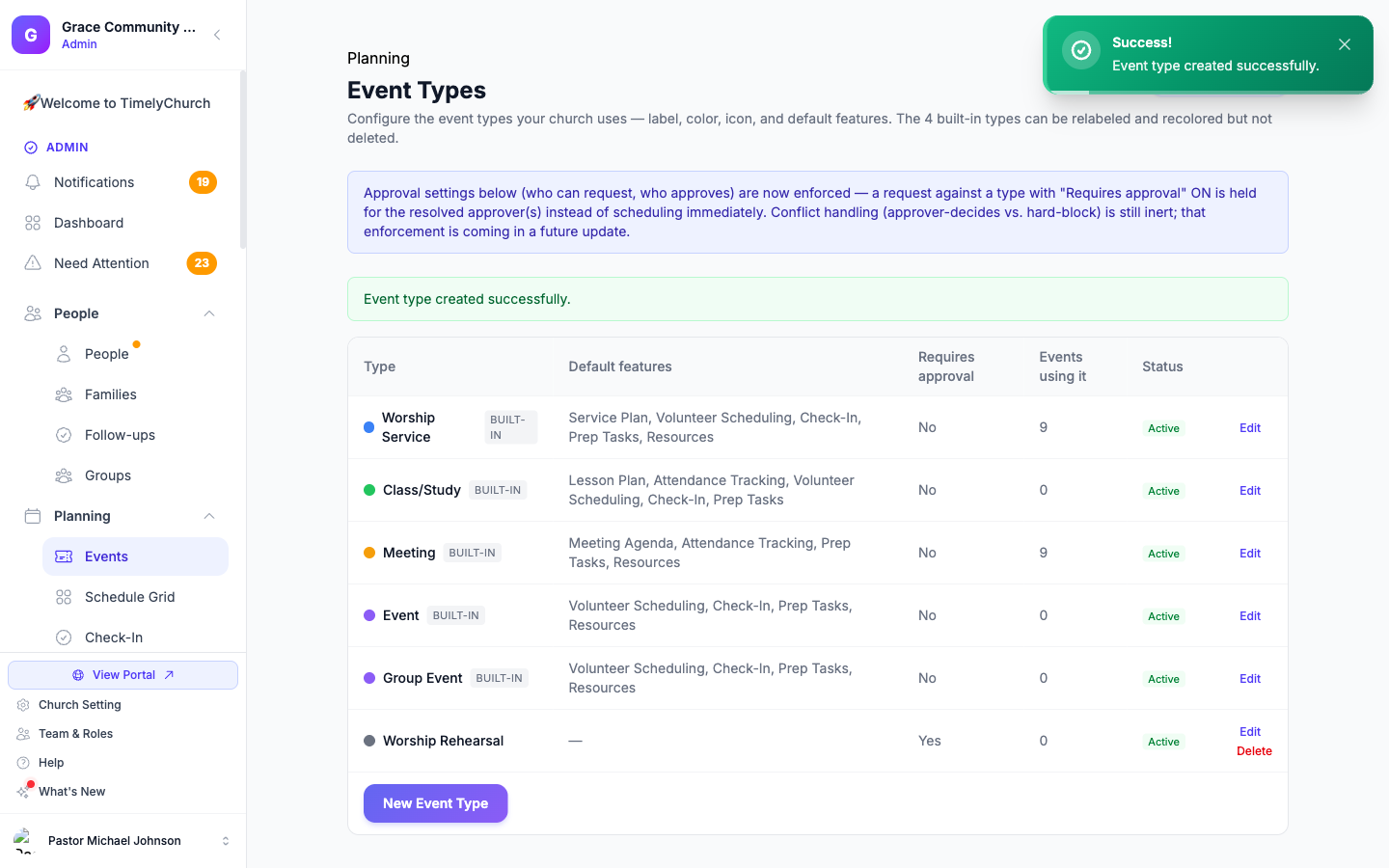 The Event Types list, showing the built-in types plus a custom Worship Rehearsal type with Requires approval set to Yes