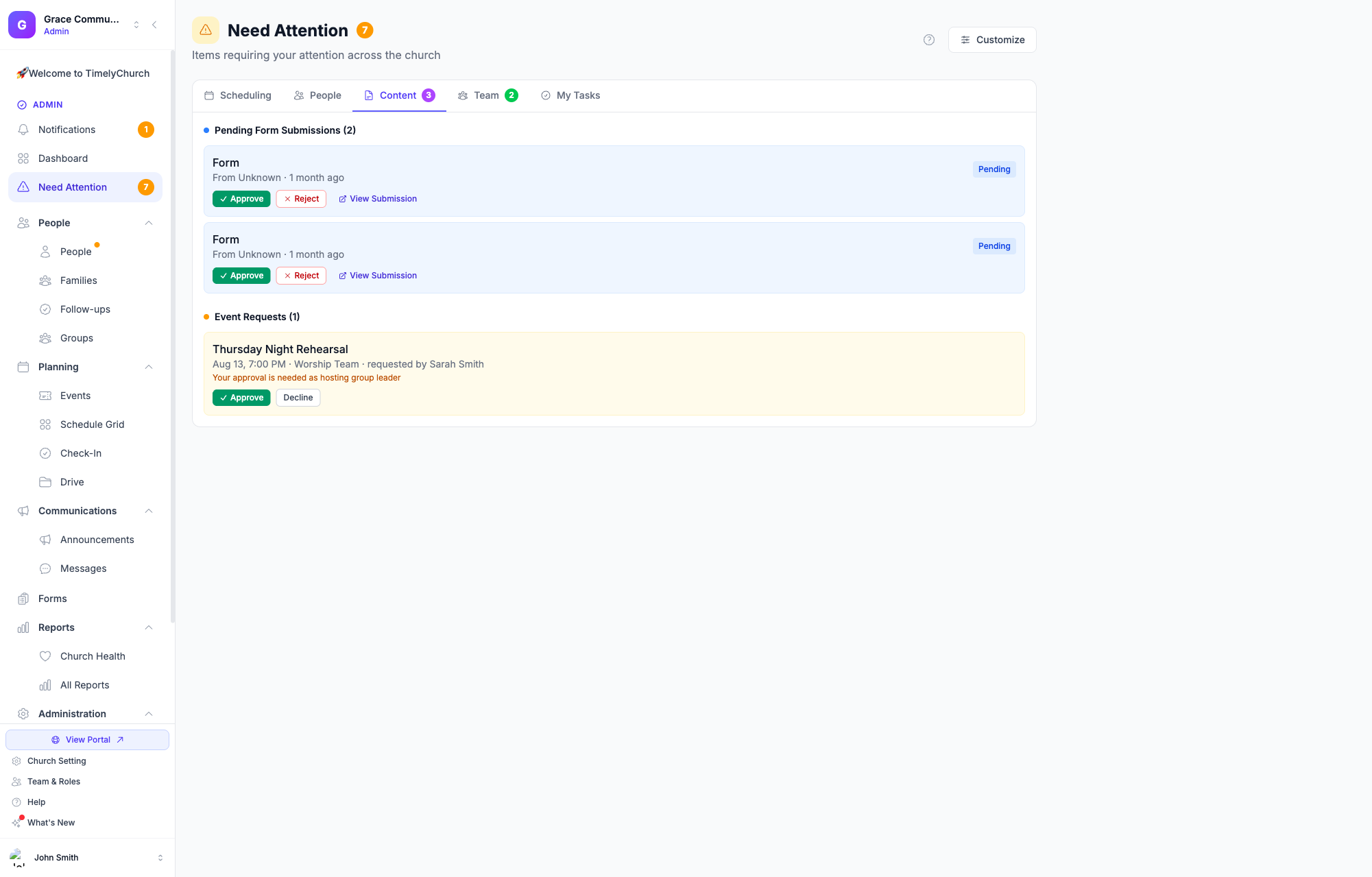 The Need Attention Content tab showing an Event Requests card with Approve and Decline buttons