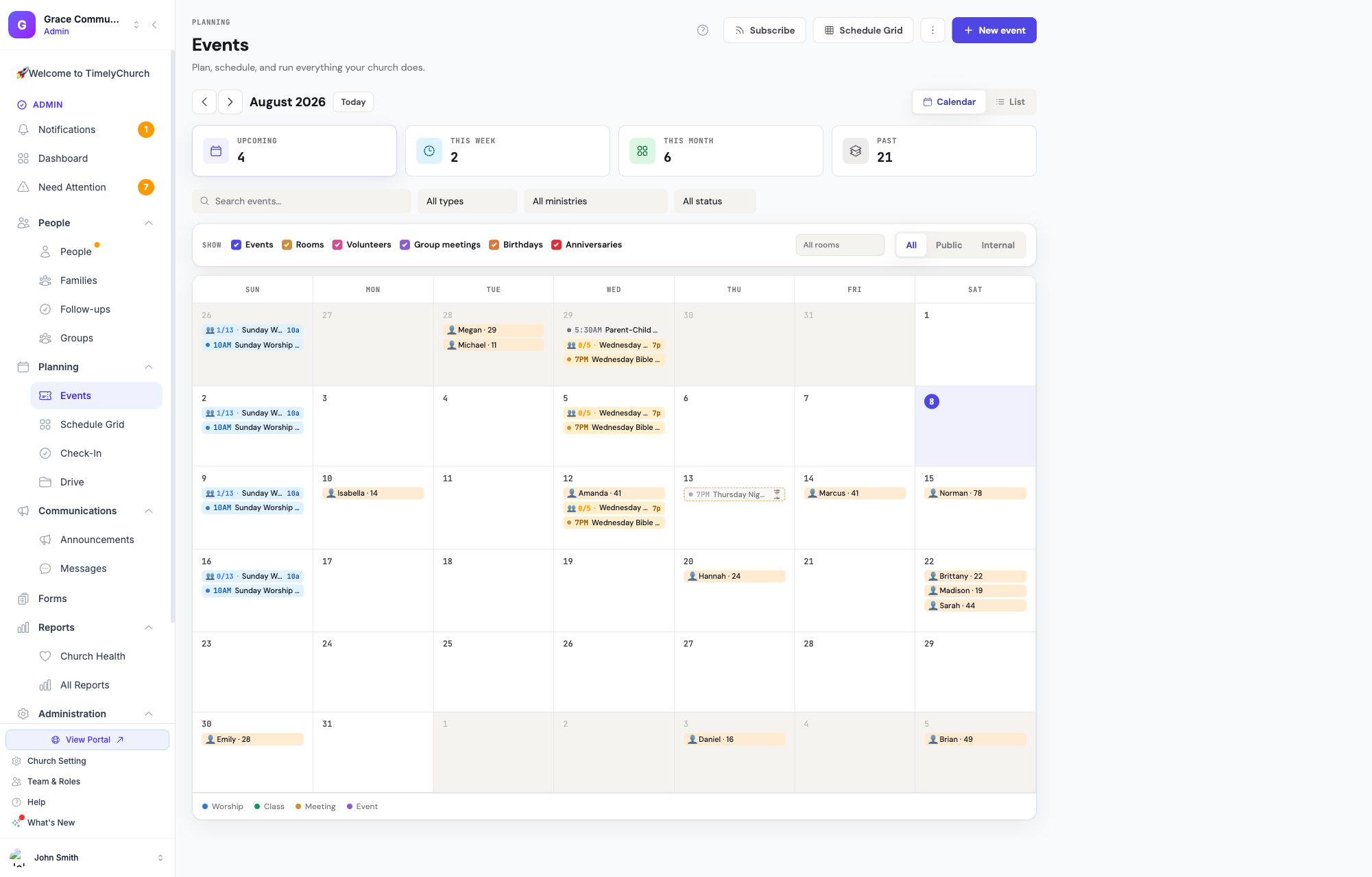 The Events calendar showing a pending event rendered faded with a dashed border