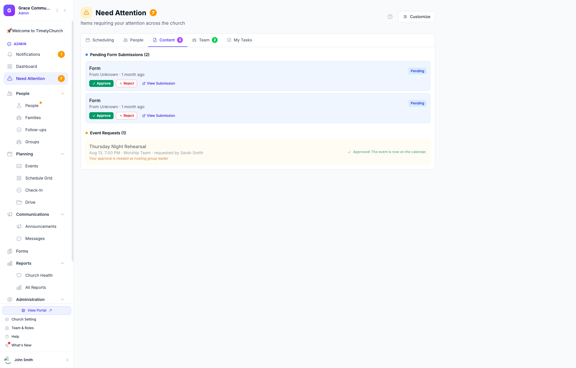 The Event Requests card after tapping Approve, showing the "Approved! The event is now on the calendar" confirmation