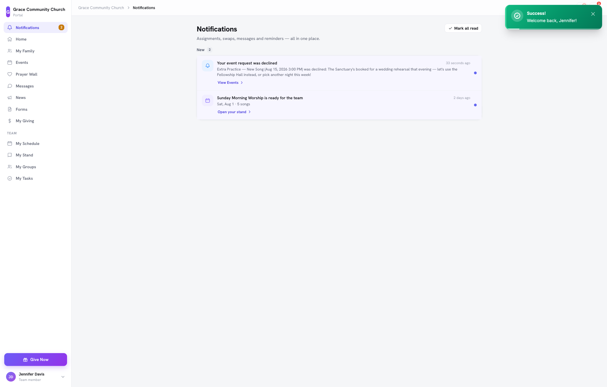 A requester's notification showing a declined event request along with the approver's note