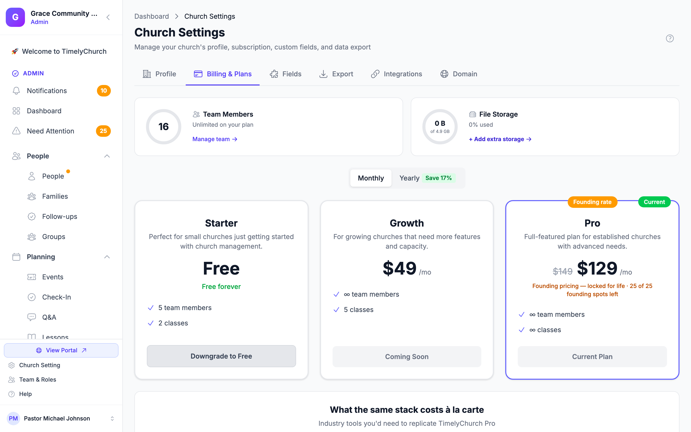 Subscription tab showing the three plans side-by-side with monthly/yearly toggle