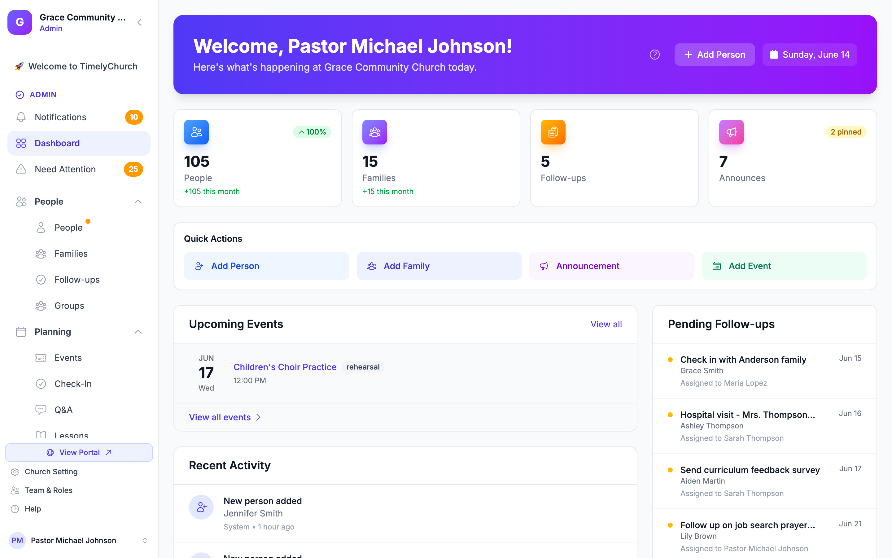 Upcoming Schedules panel with class names, teacher assignments, and dates