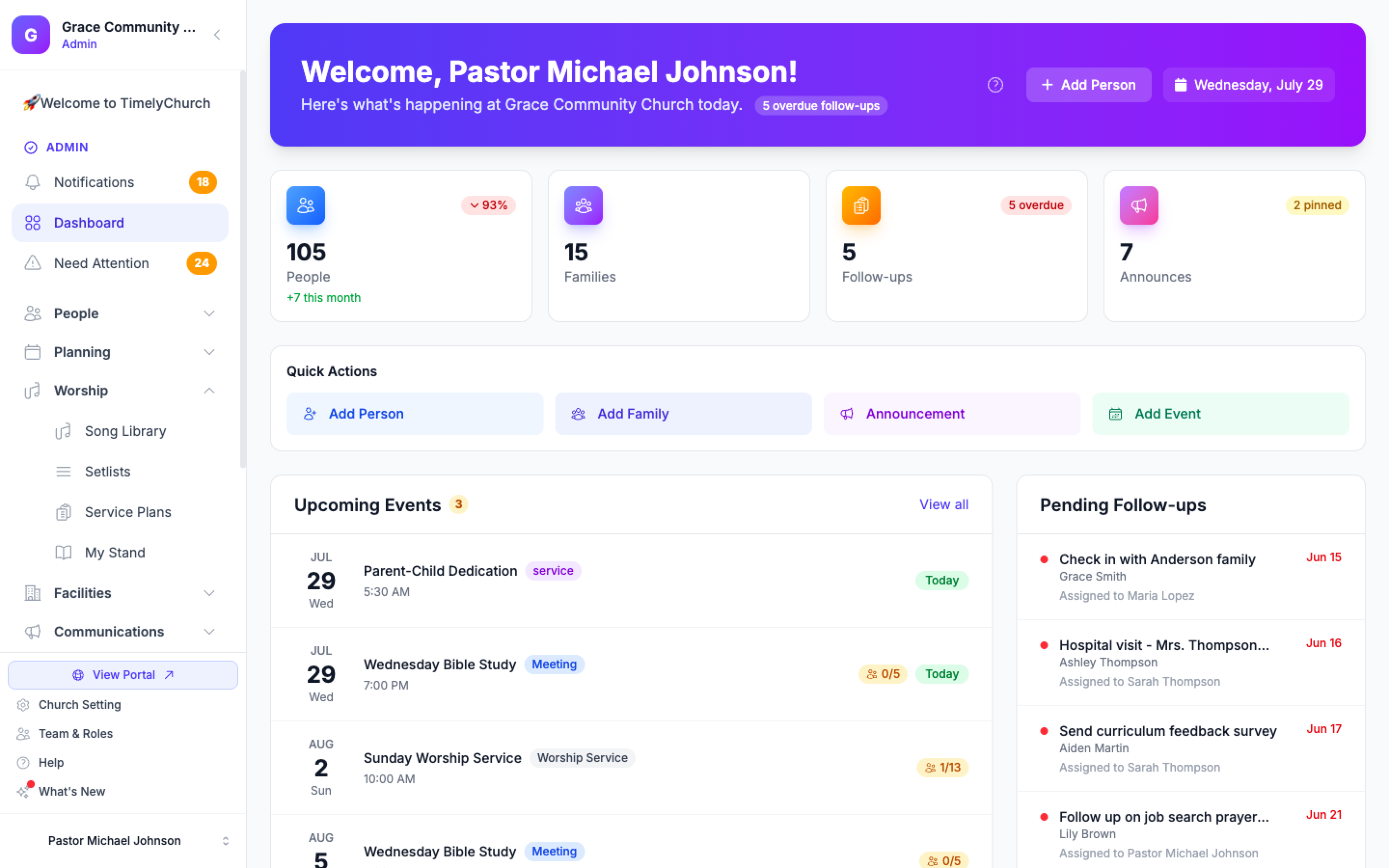 Worship category expanded in the sidebar showing Song Library, Setlists, and My Stand