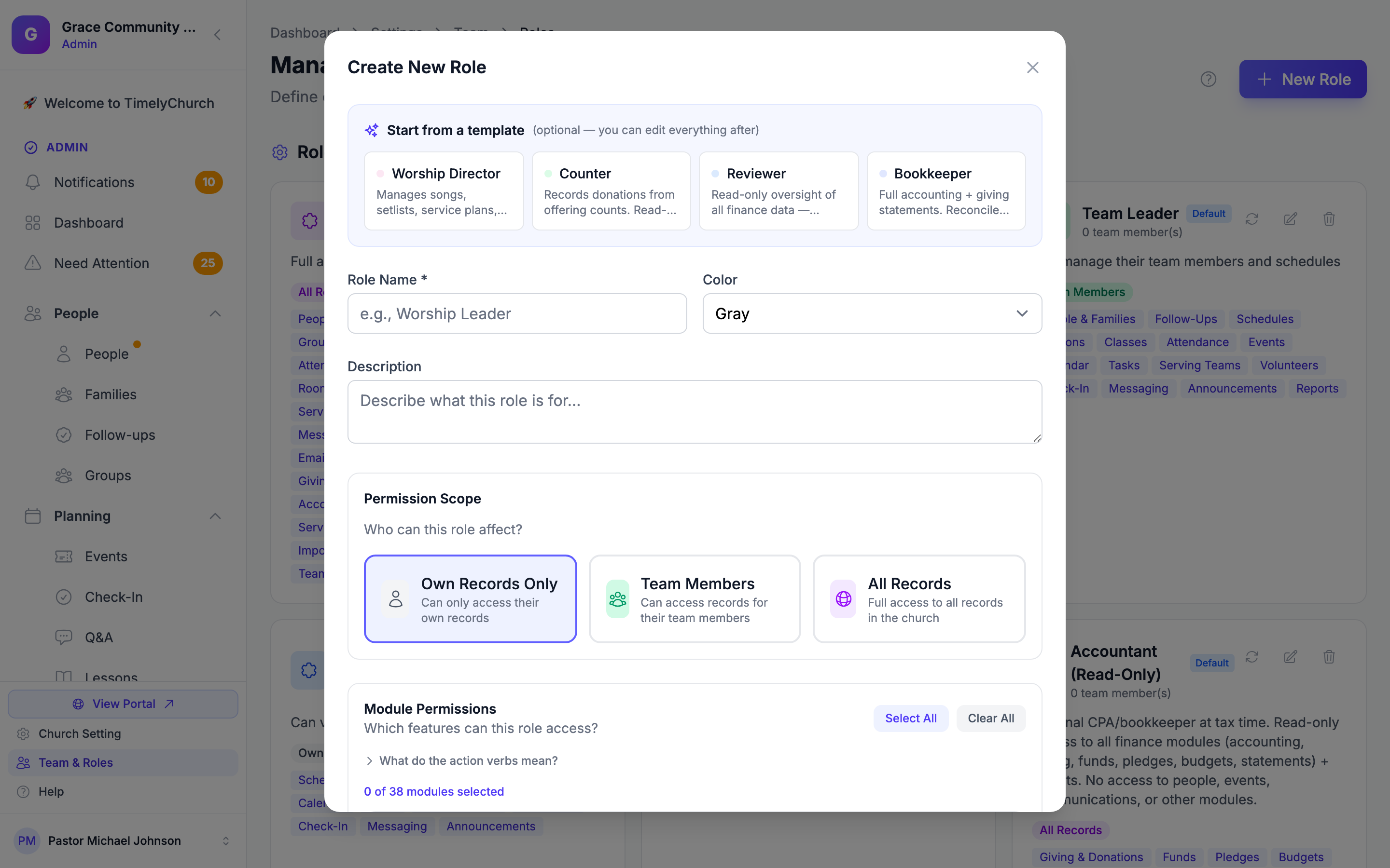 Create Role form showing quick-start templates, name, description, color, scope cards, and module permission controls