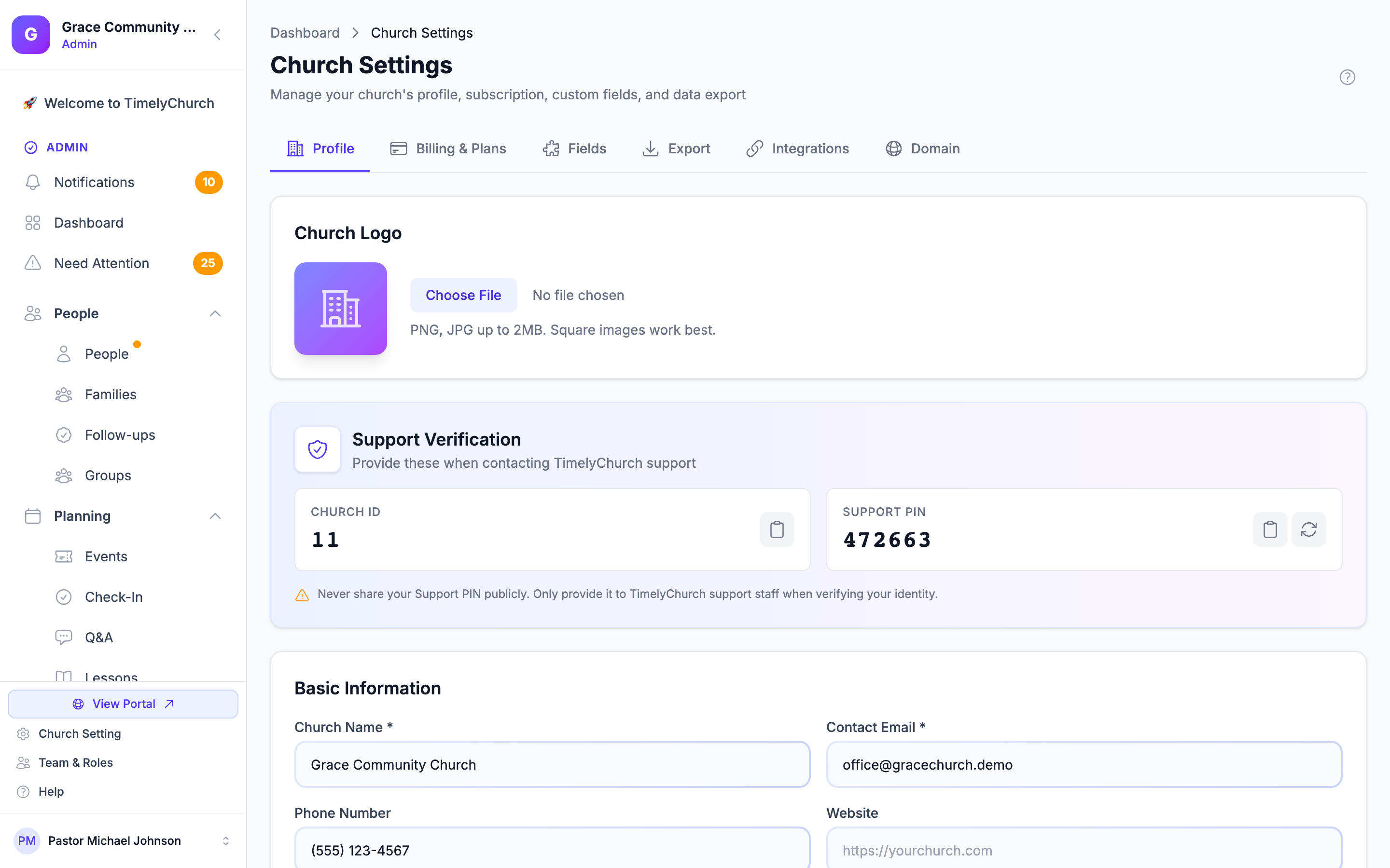 Church Settings page showing the tab navigation across the top