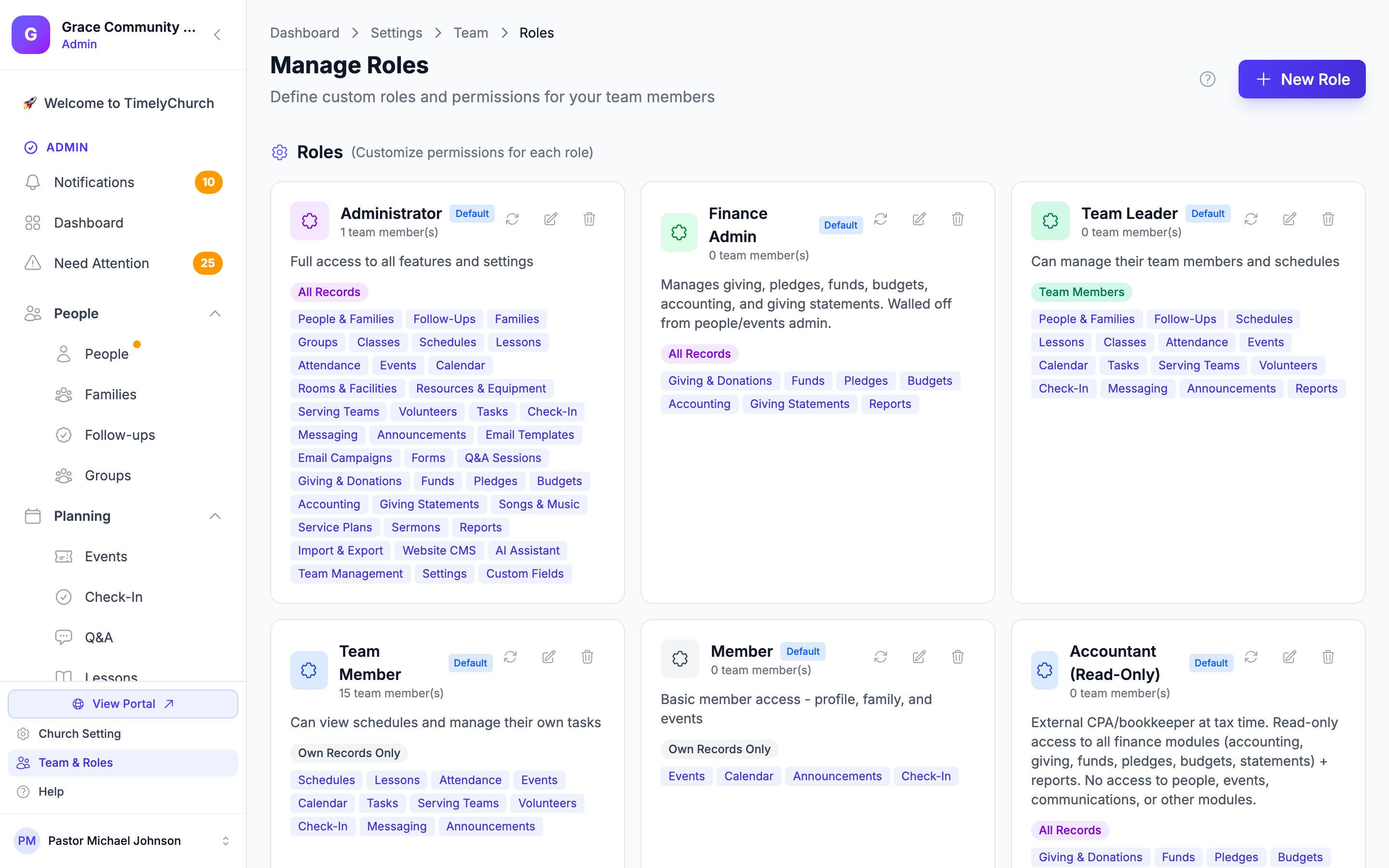 Roles page with default and custom roles